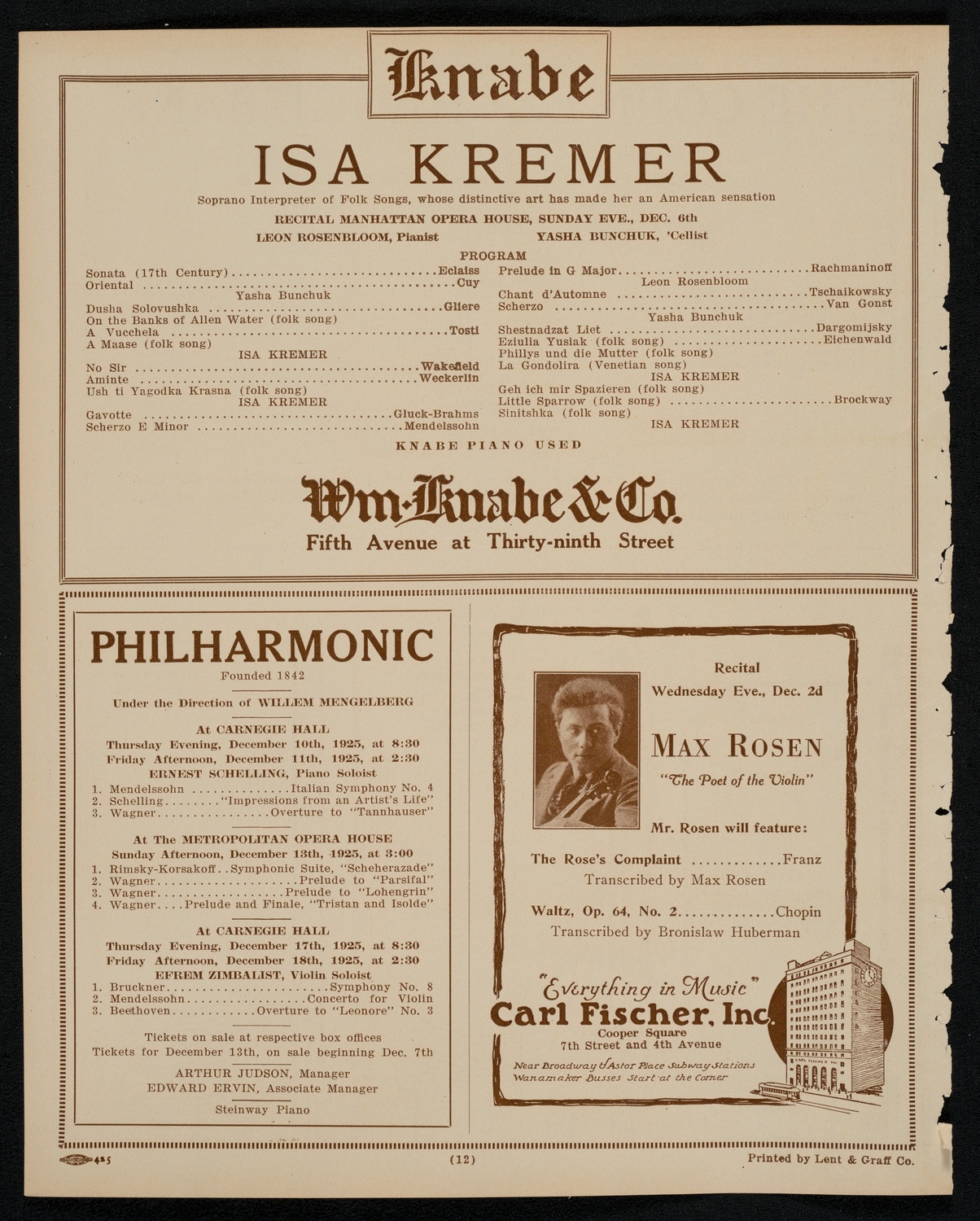 New York Philharmonic, December 6, 1925, program page 12