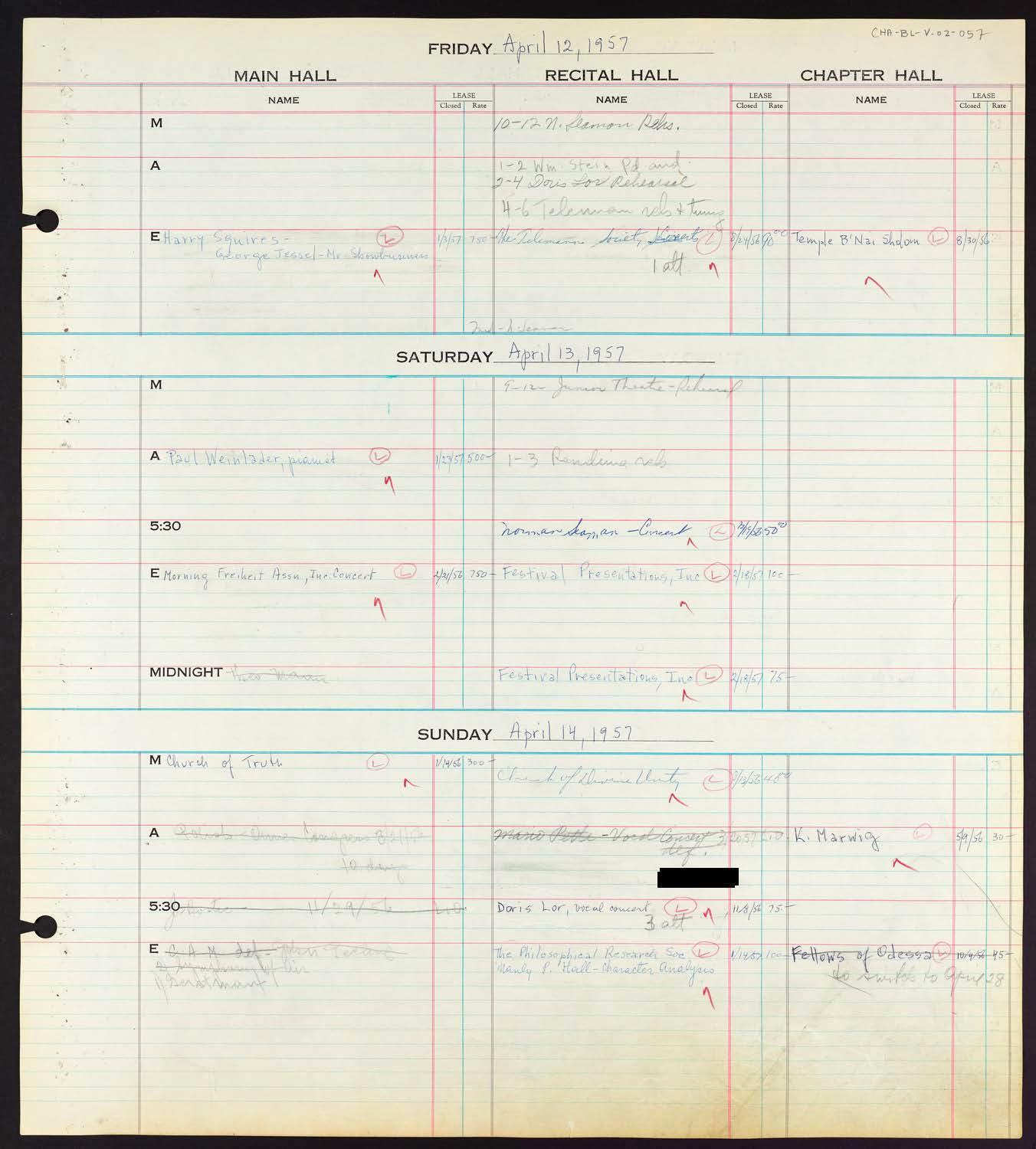 Carnegie Hall Booking Ledger, volume 2, page 57