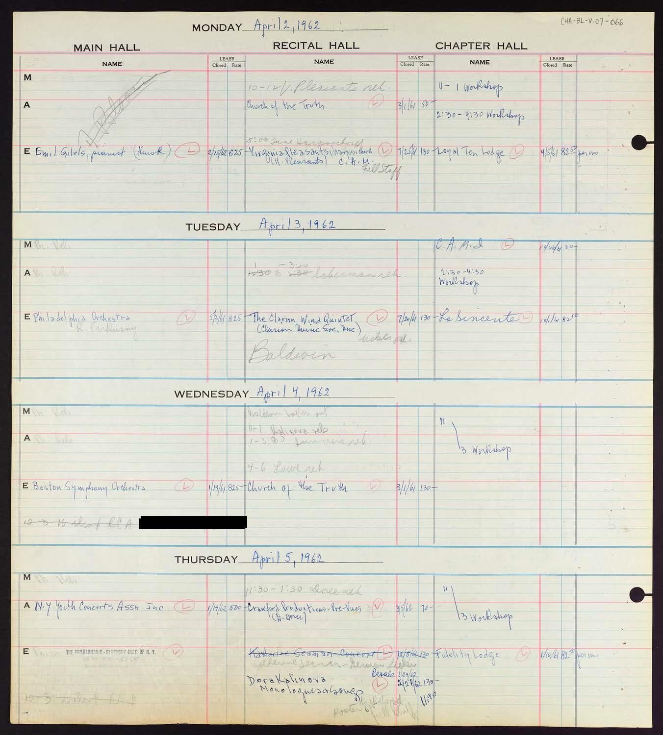 Carnegie Hall Booking Ledger, volume 7, page 66