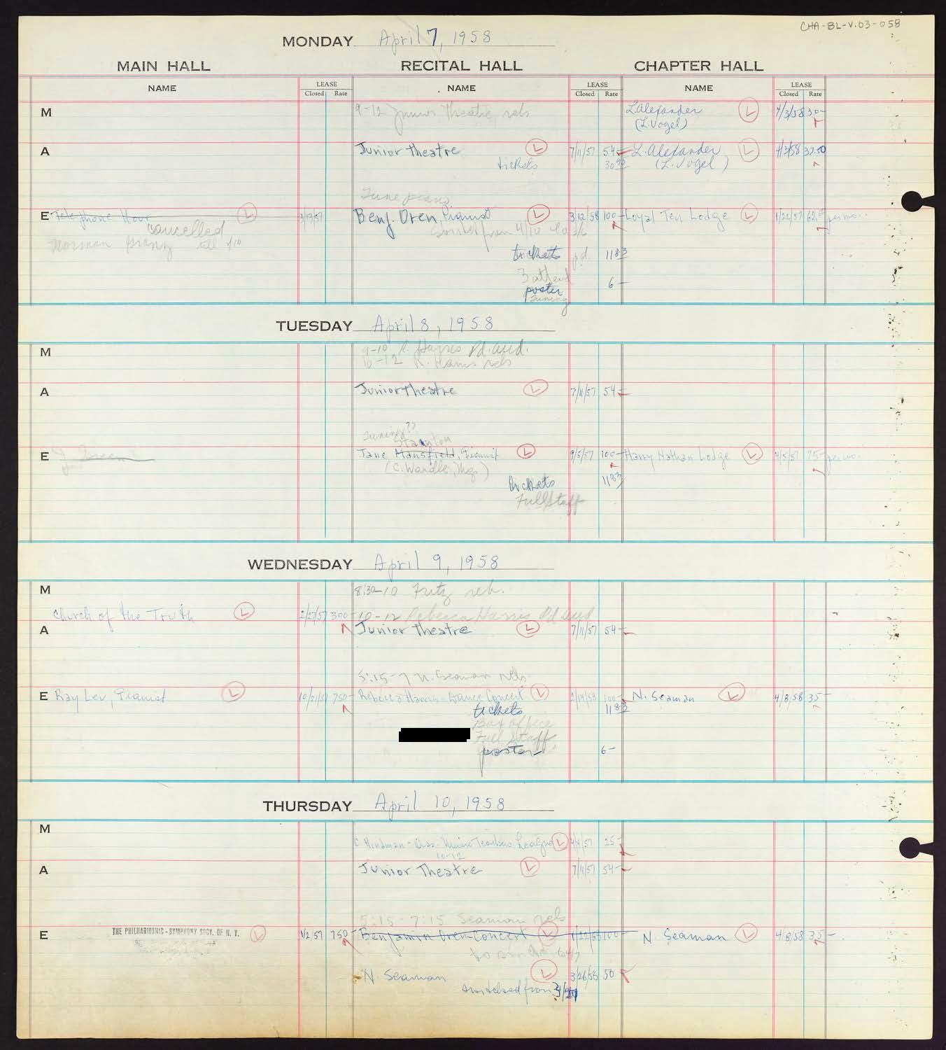 Carnegie Hall Booking Ledger, volume 3, page 58