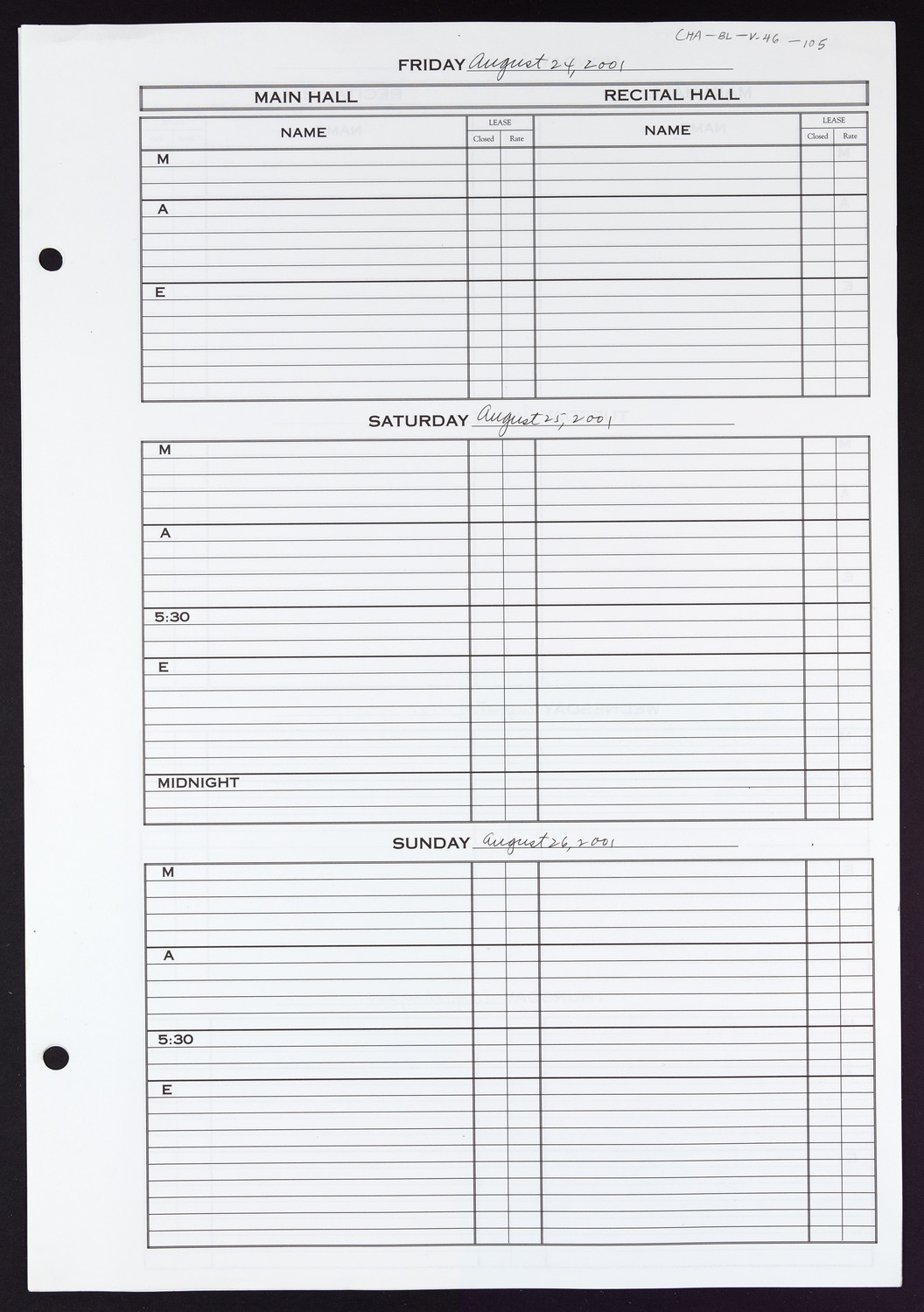 Carnegie Hall Booking Ledger, volume 46, page 105