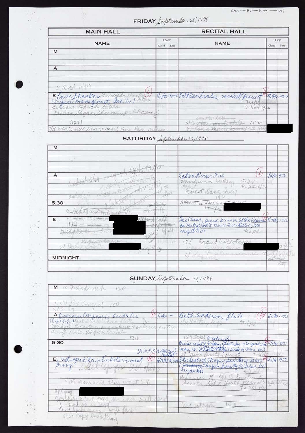 Carnegie Hall Booking Ledger, volume 44, page 11