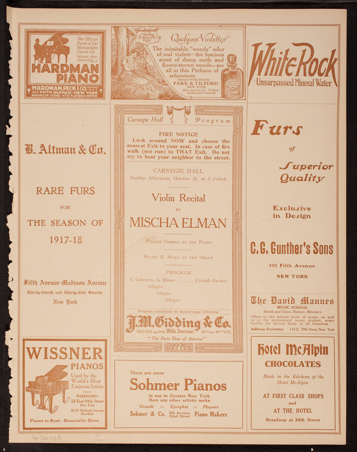 Mischa Elman, Violin, October 21, 1917, program page 5