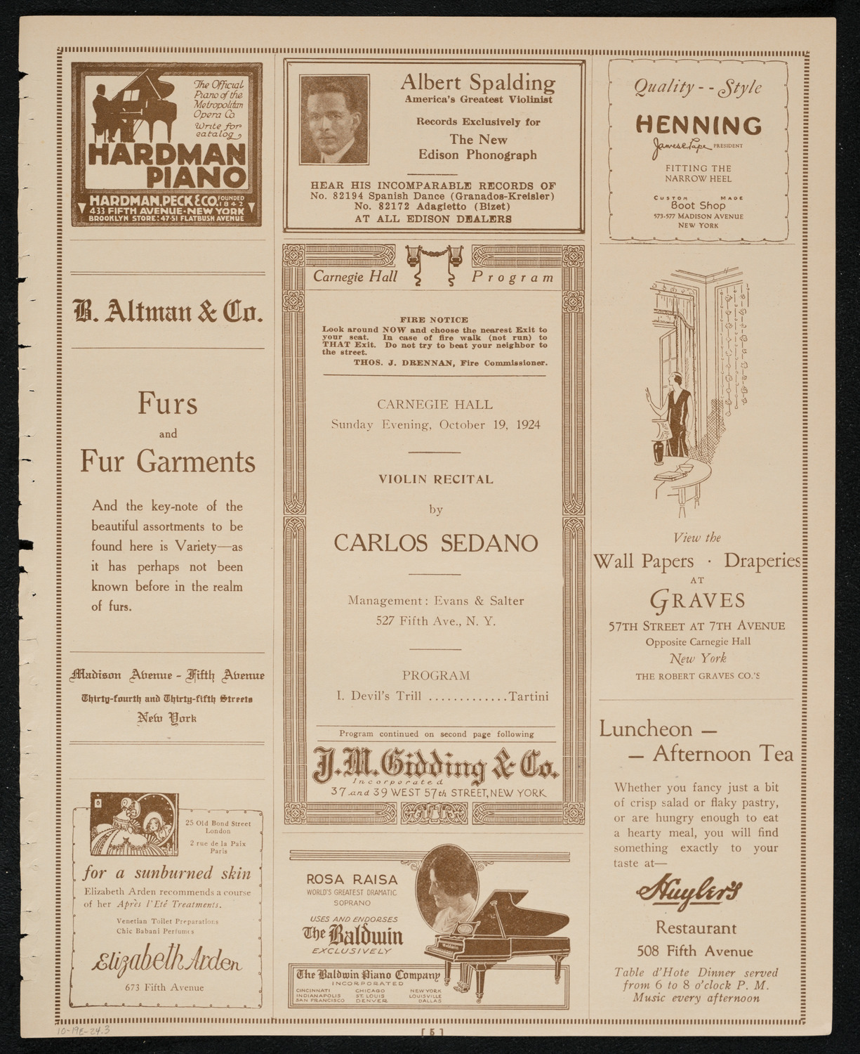 Carlos Sedano, Violin, October 19, 1924, program page 5