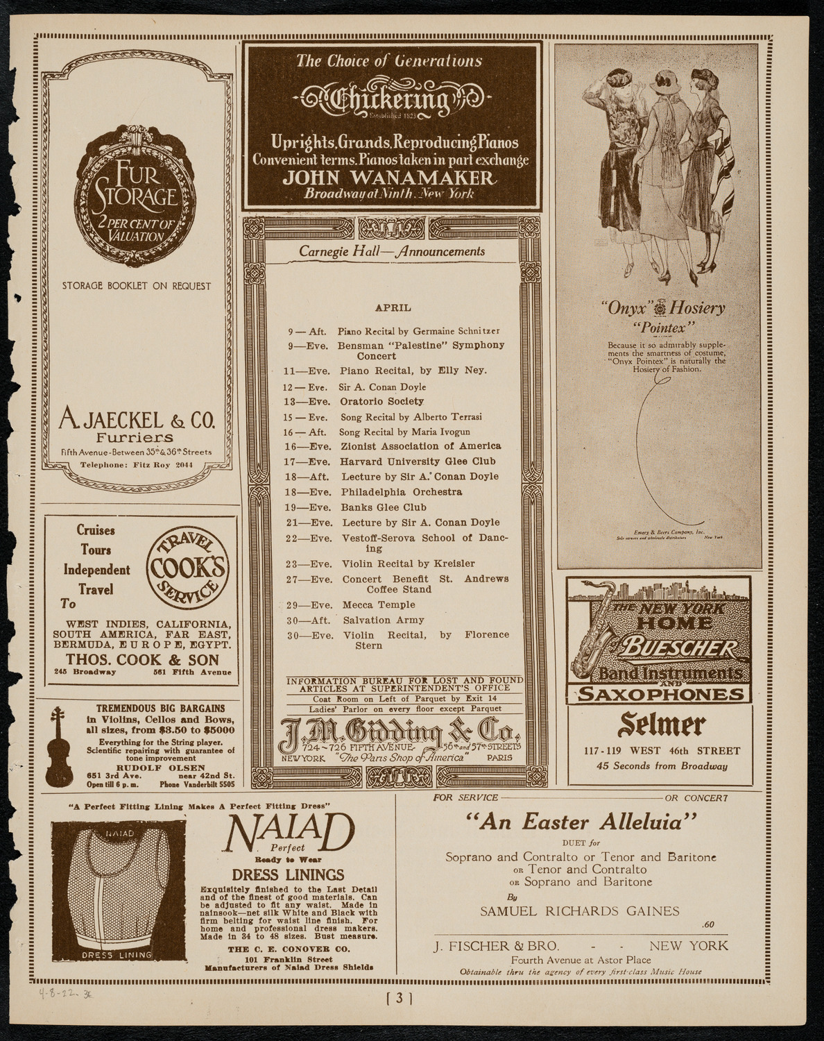 New York Philharmonic, April 8, 1922, program page 3