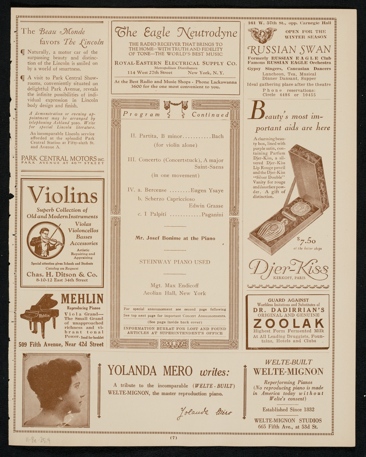Mischa Elman, Violin, November 8, 1925, program page 7