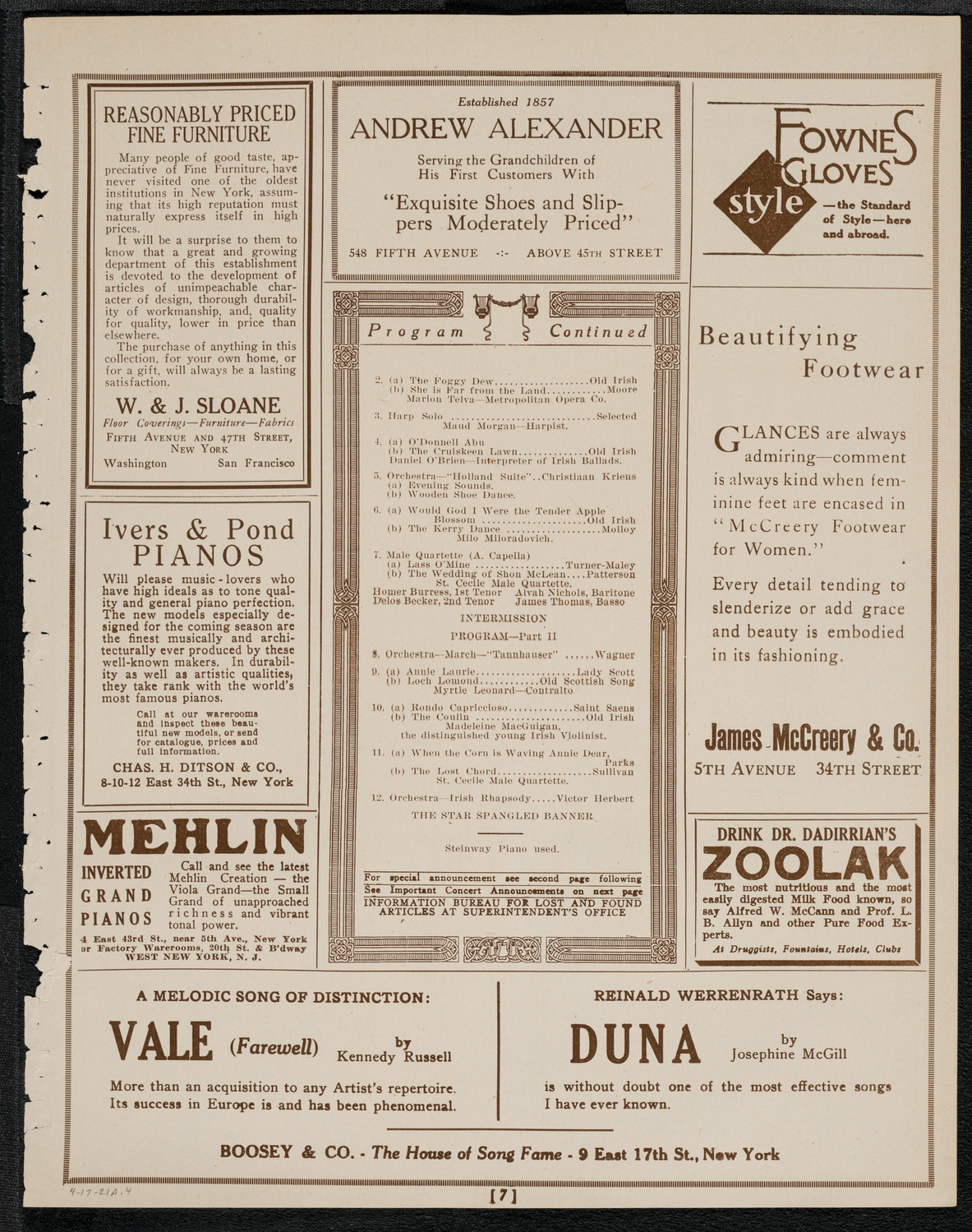 The Irish Musical Society, April 17, 1921, program page 7