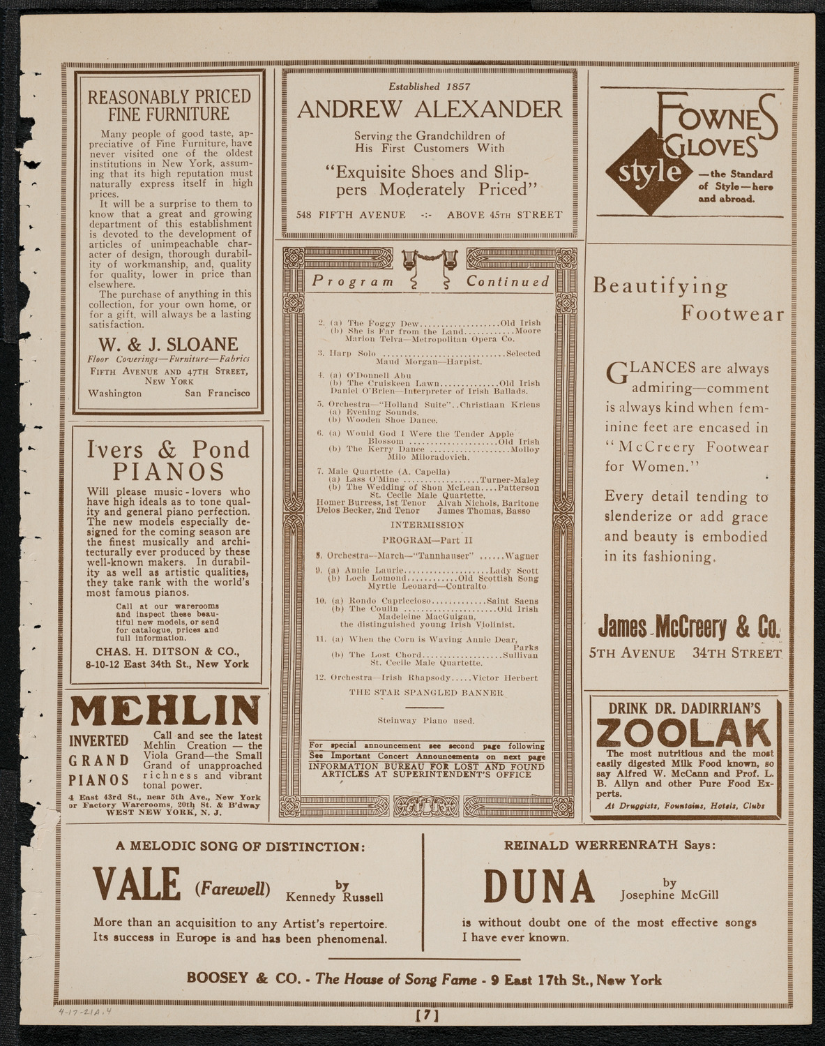 The Irish Musical Society, April 17, 1921, program page 7