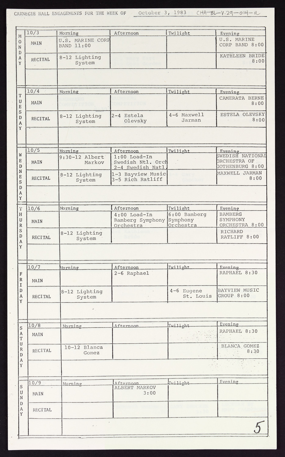 Carnegie Hall Booking Ledger, volume 29, page 14a