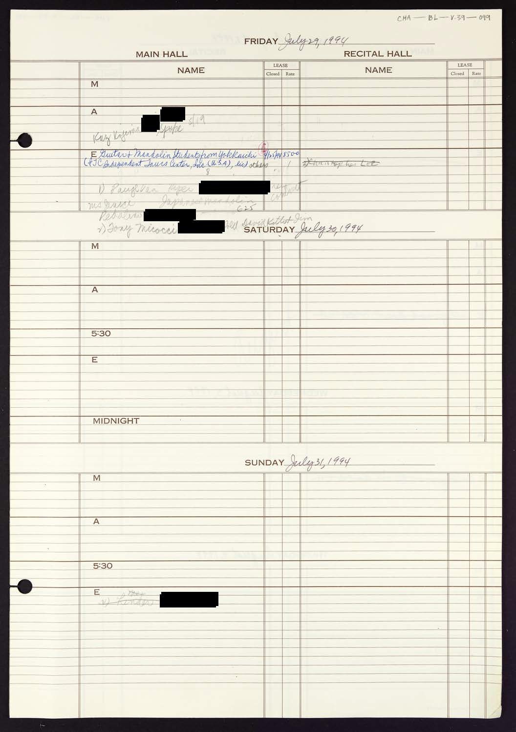 Carnegie Hall Booking Ledger, volume 39, page 99