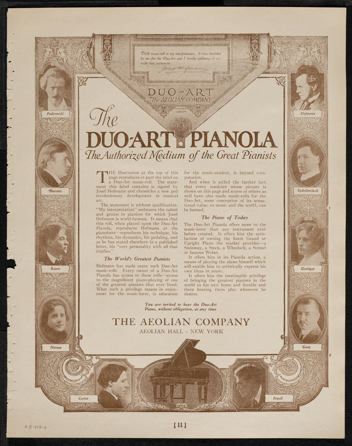 Josef Lhévinne, Piano, April 2, 1921, program page 11
