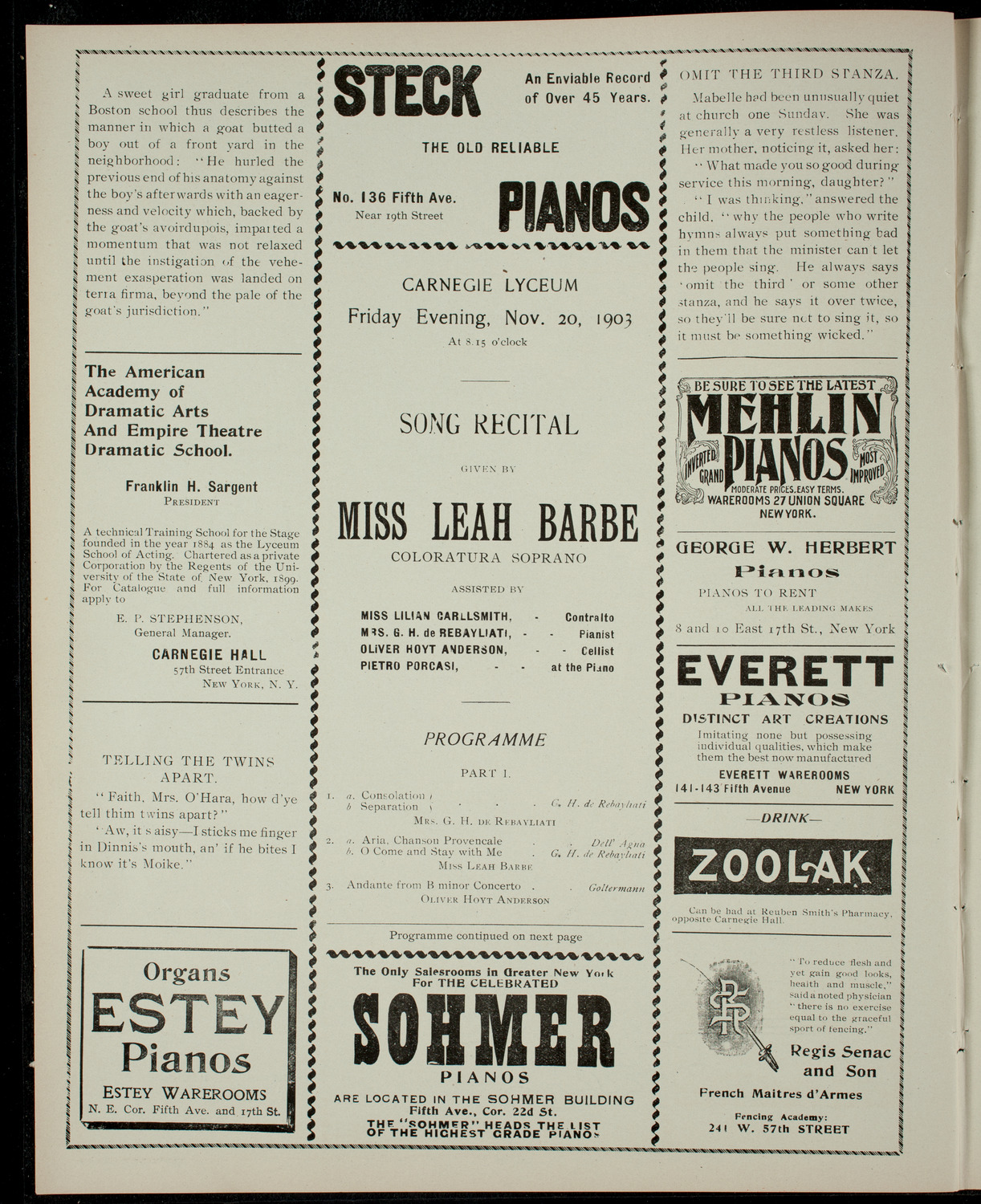 Leah Barbe with others, November 20, 1903, program page 2