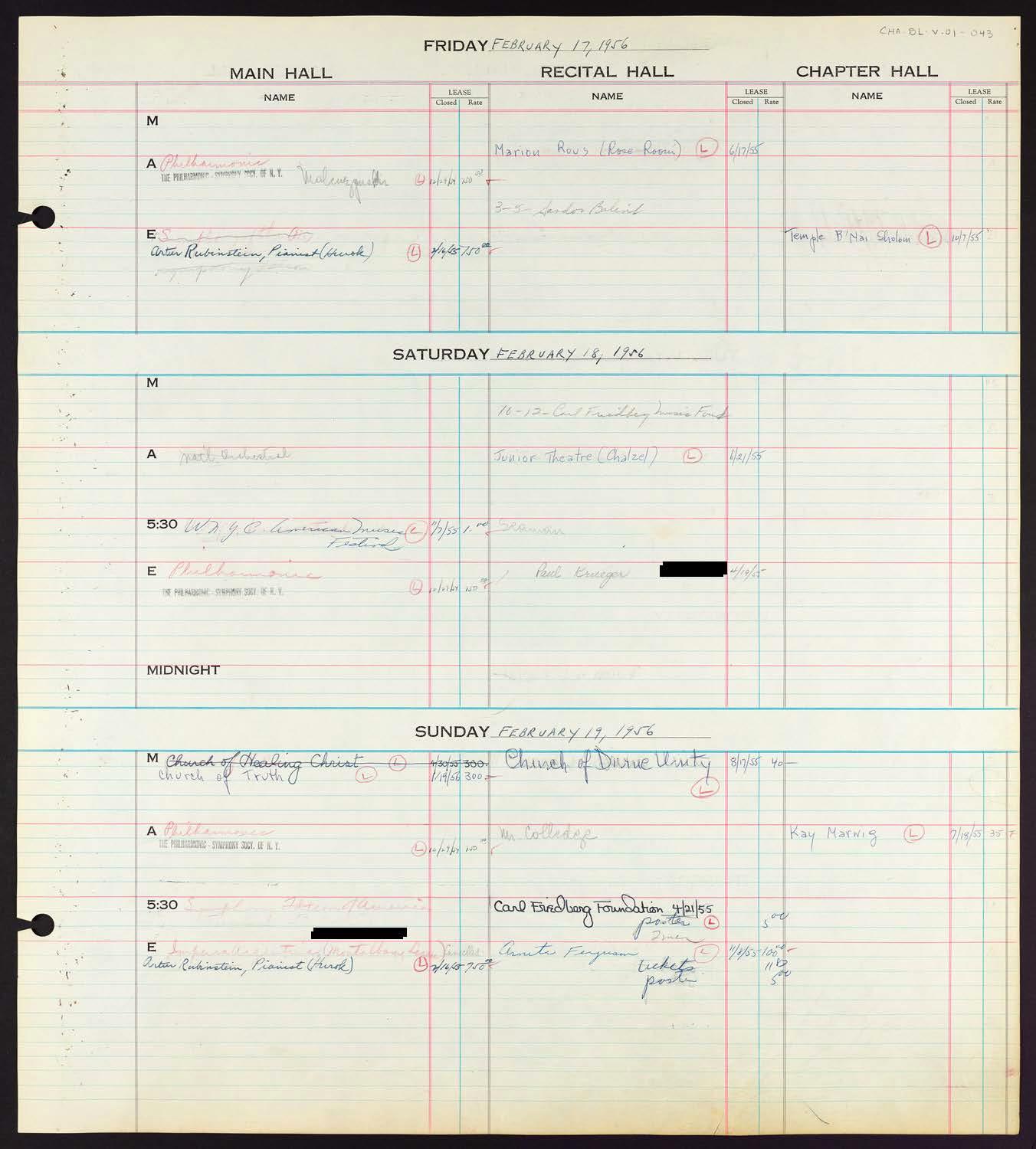 Carnegie Hall Booking Ledger, volume 1, page 43