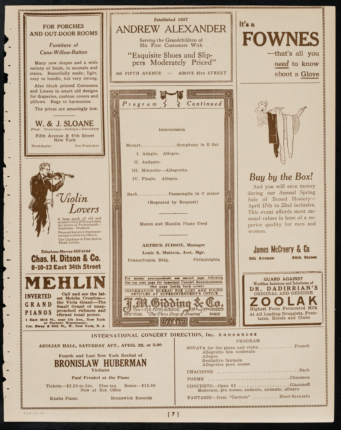 Philadelphia Orchestra, April 18, 1922, program page 7