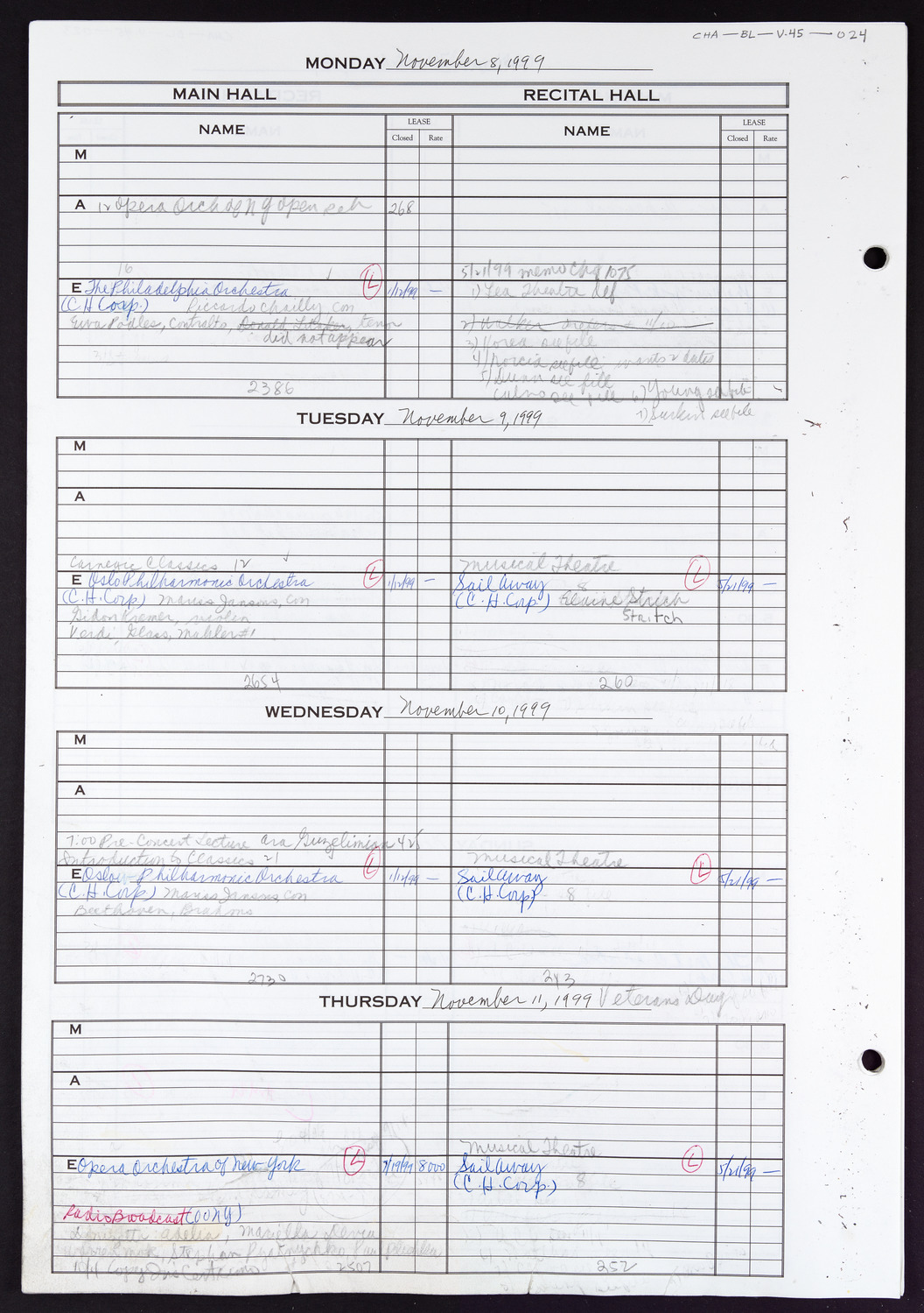 Carnegie Hall Booking Ledger, volume 45, page 24