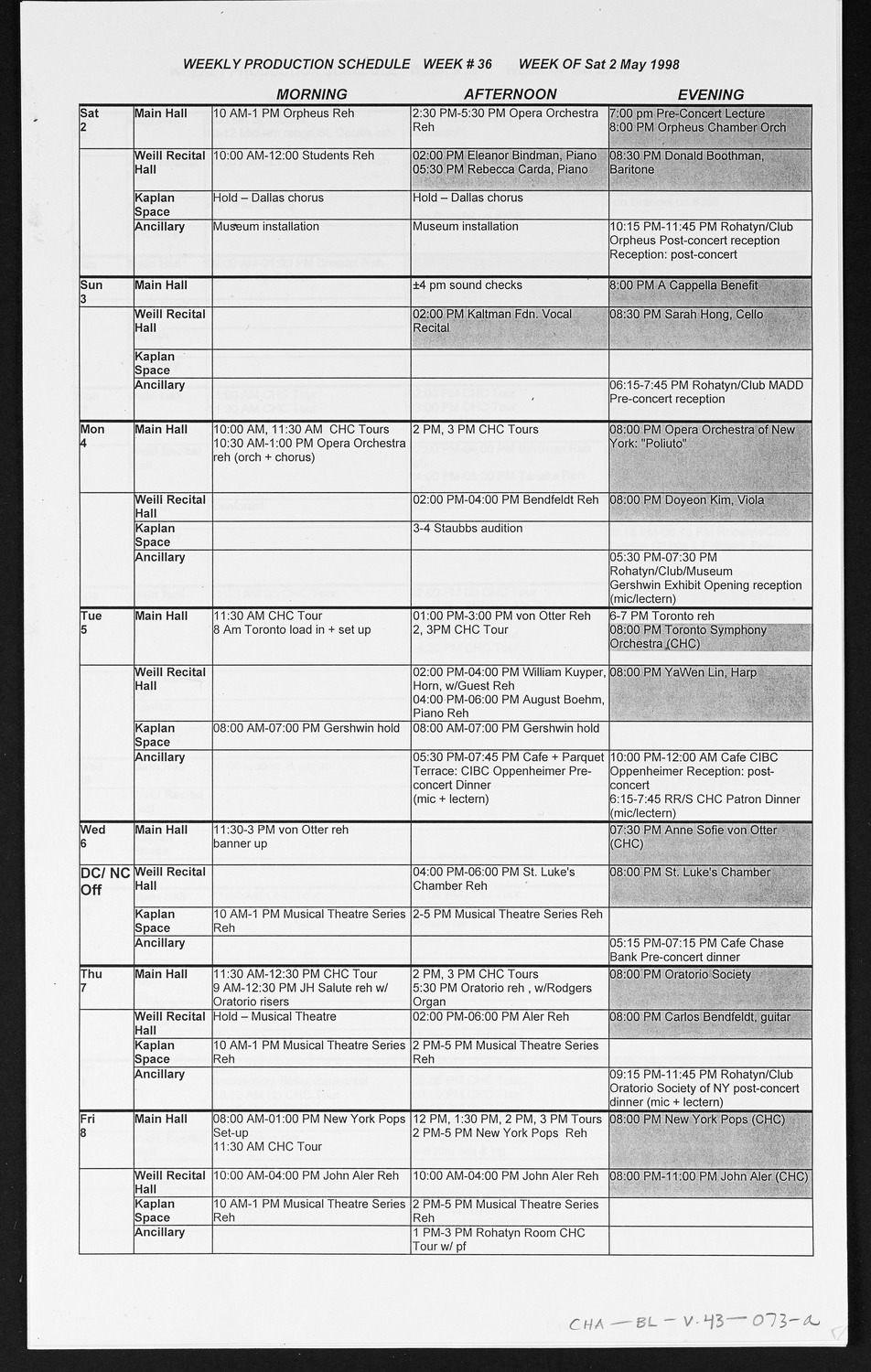 Carnegie Hall Booking Ledger, volume 43, page 73a