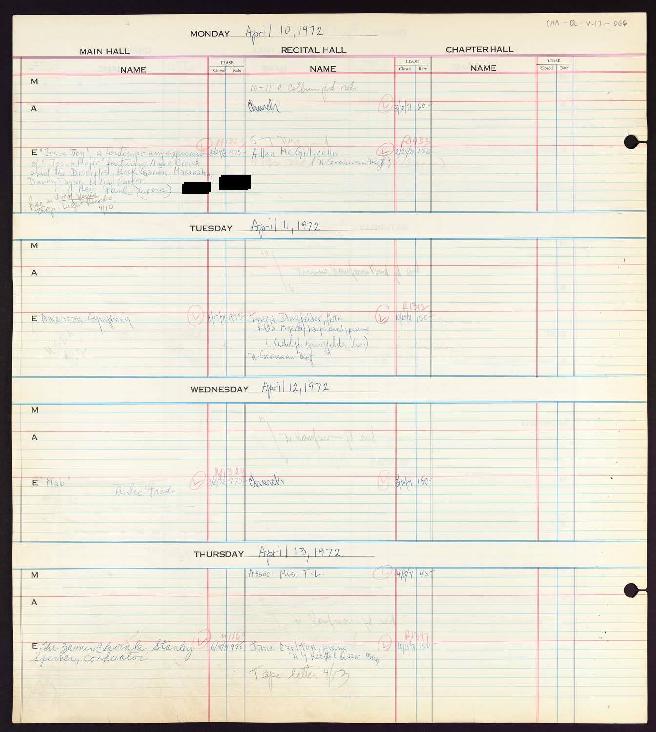 Carnegie Hall Booking Ledger, volume 17, page 66