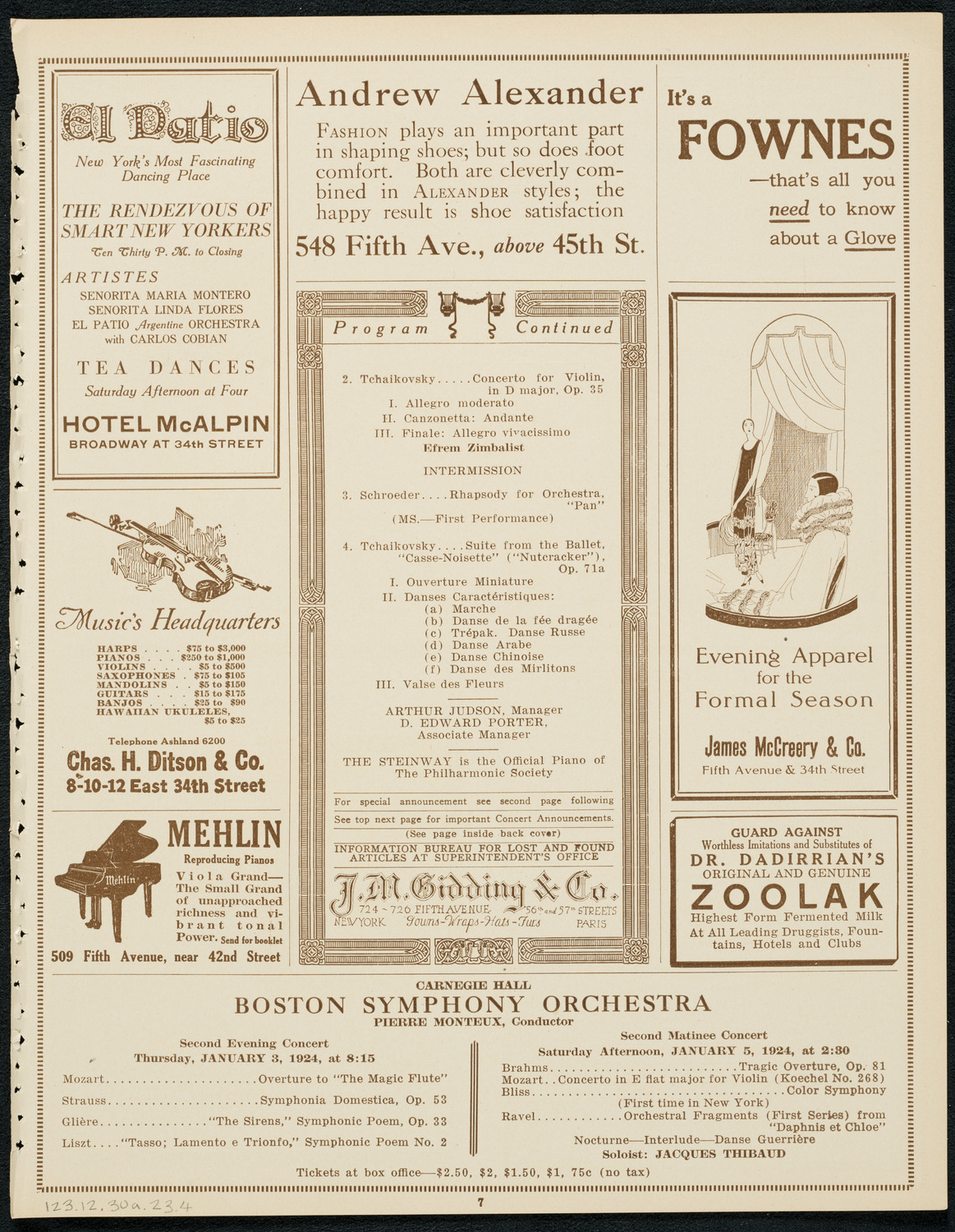 New York Philharmonic, December 30, 1923, program page 7