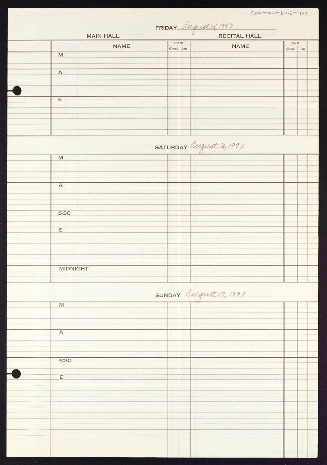 Carnegie Hall Booking Ledger, volume 42, page 103