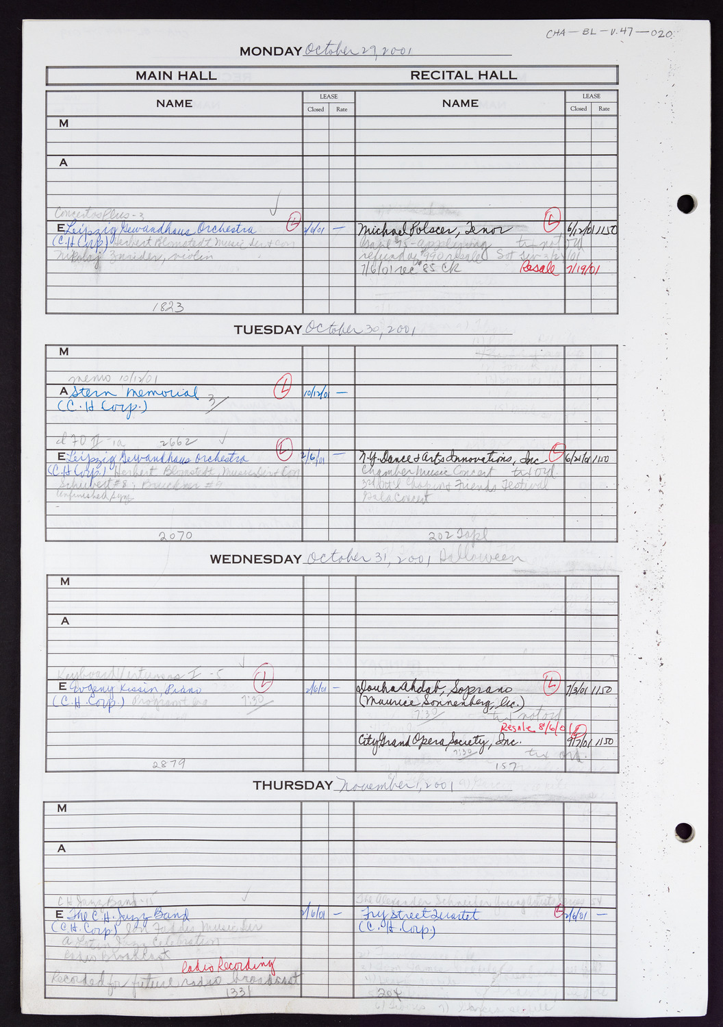 Carnegie Hall Booking Ledger, volume 47, page 20