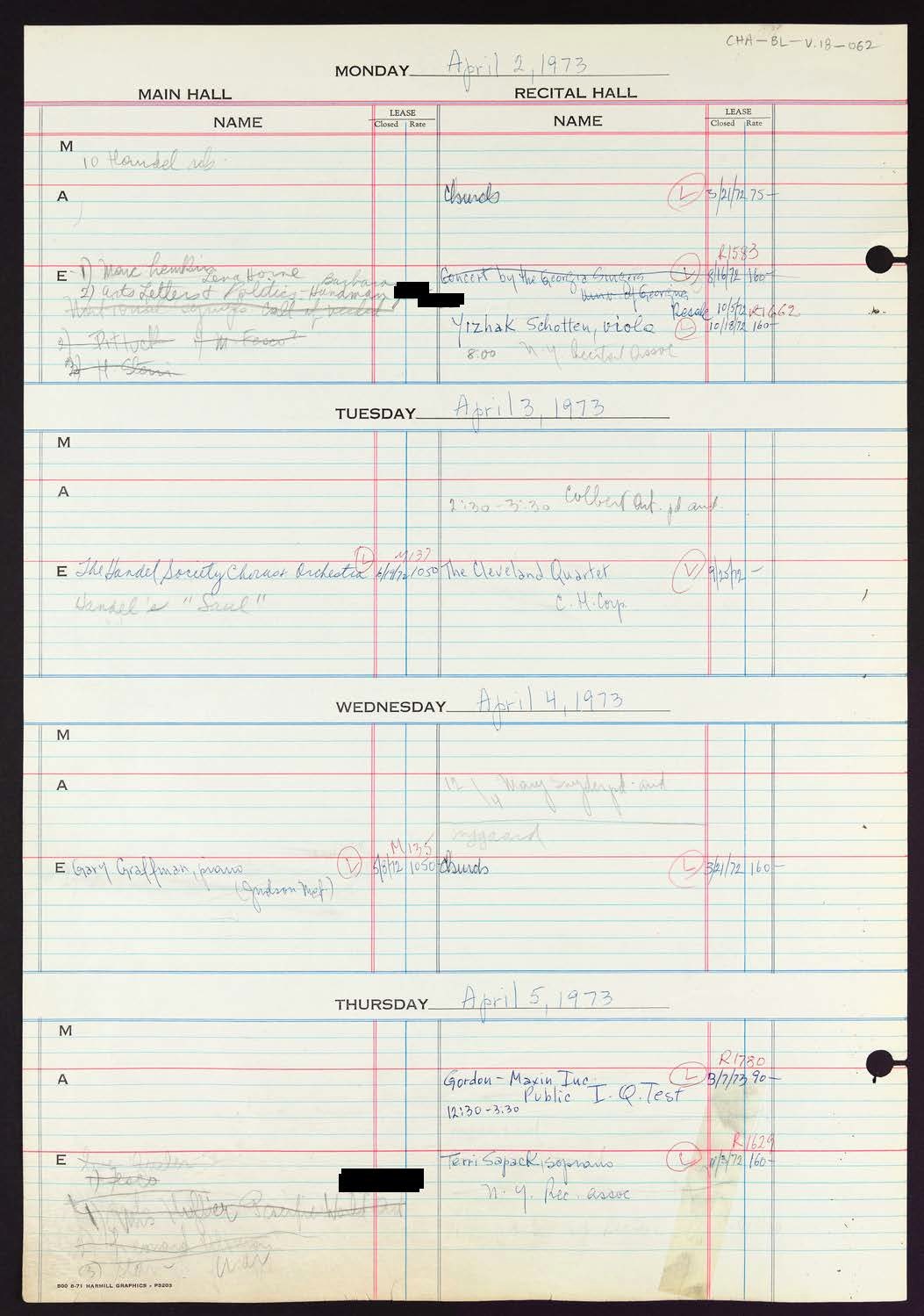 Carnegie Hall Booking Ledger, volume 18, page 62