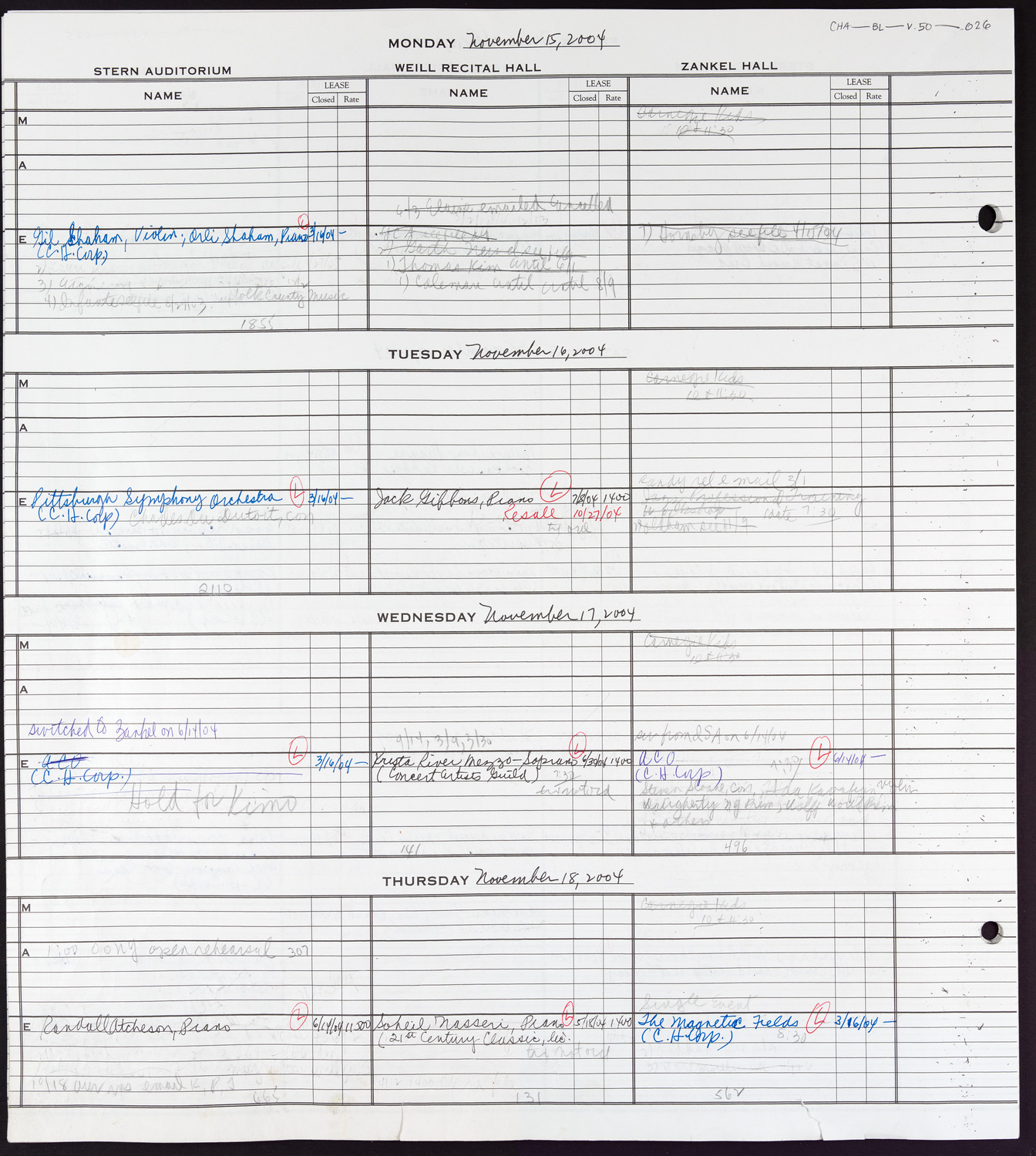 Carnegie Hall Booking Ledger, volume 50, page 26