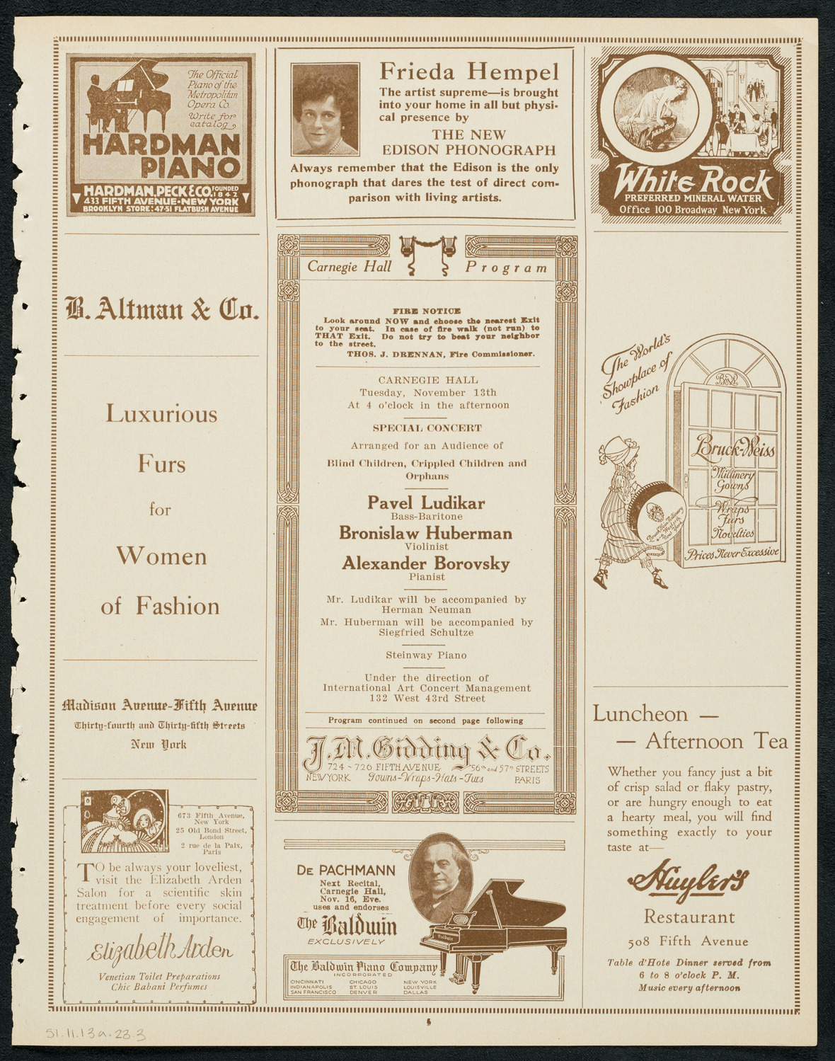 Pavel Ludikar, Bronislaw Huberman, and Alexander Borovsky, November 13, 1923, program page 5