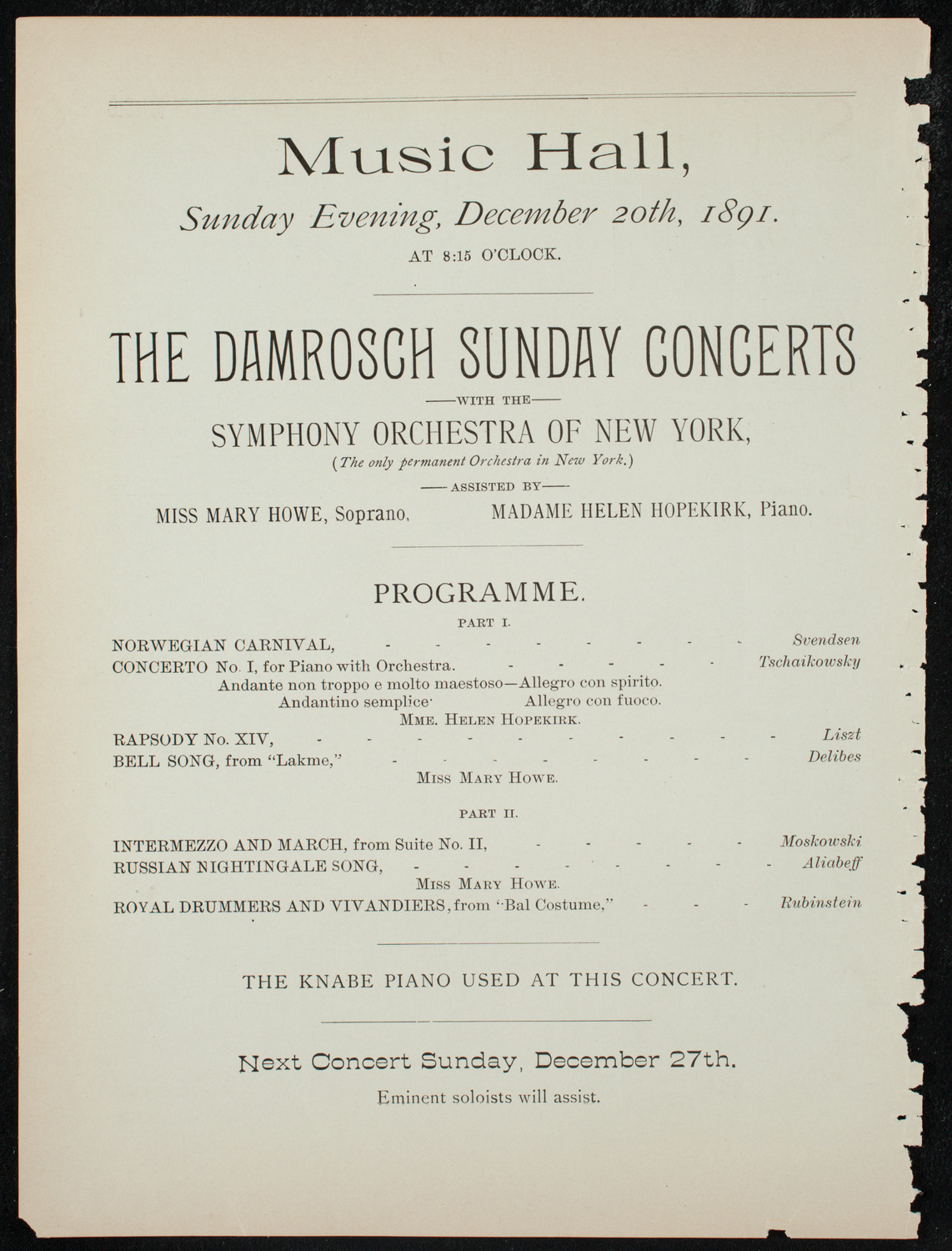 Damrosch Sunday Concert, December 20, 1891, program page 6