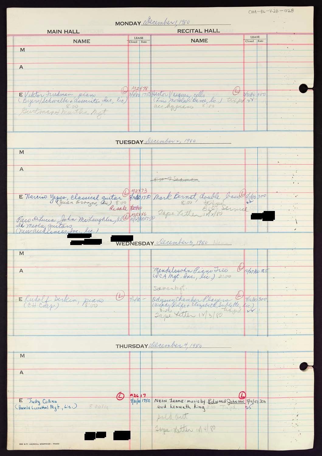 Carnegie Hall Booking Ledger, volume 26, page 28