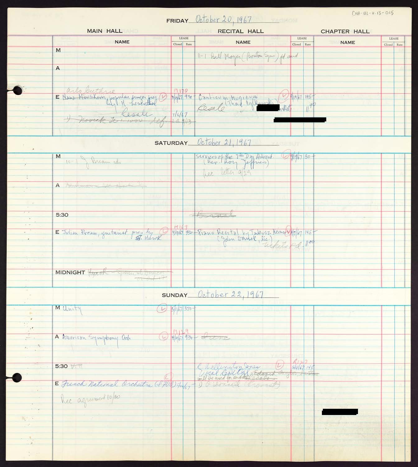 Carnegie Hall Booking Ledger, volume 13, page 15