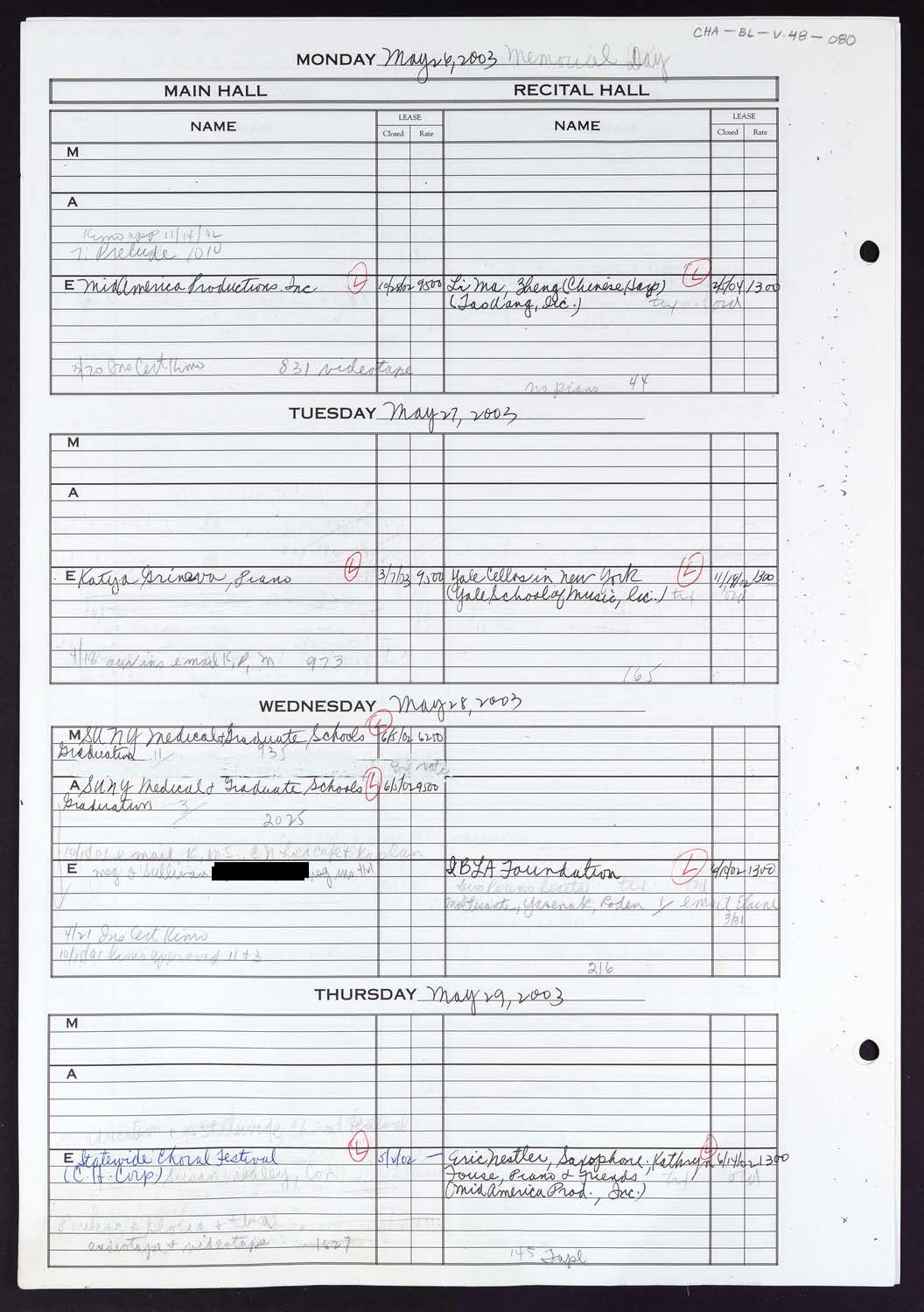 Carnegie Hall Booking Ledger, volume 48, page 80