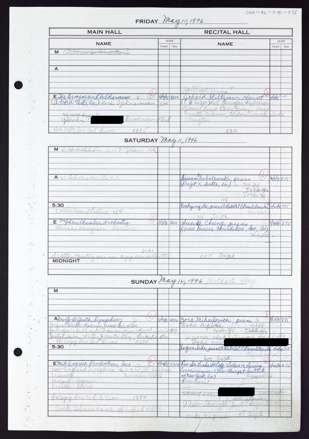 Carnegie Hall Booking Ledger, volume 41, page 75