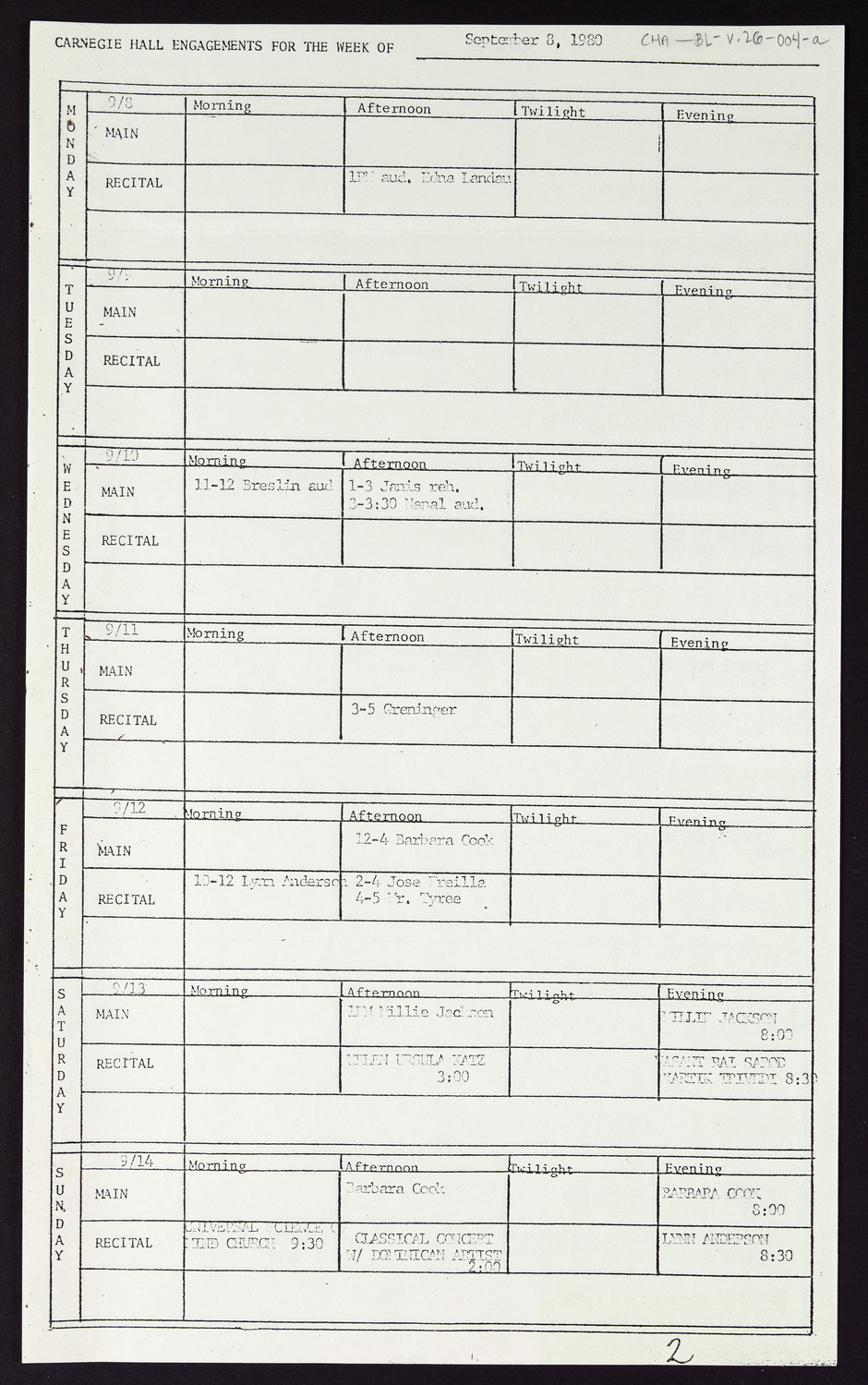 Carnegie Hall Booking Ledger, volume 26, page 4a