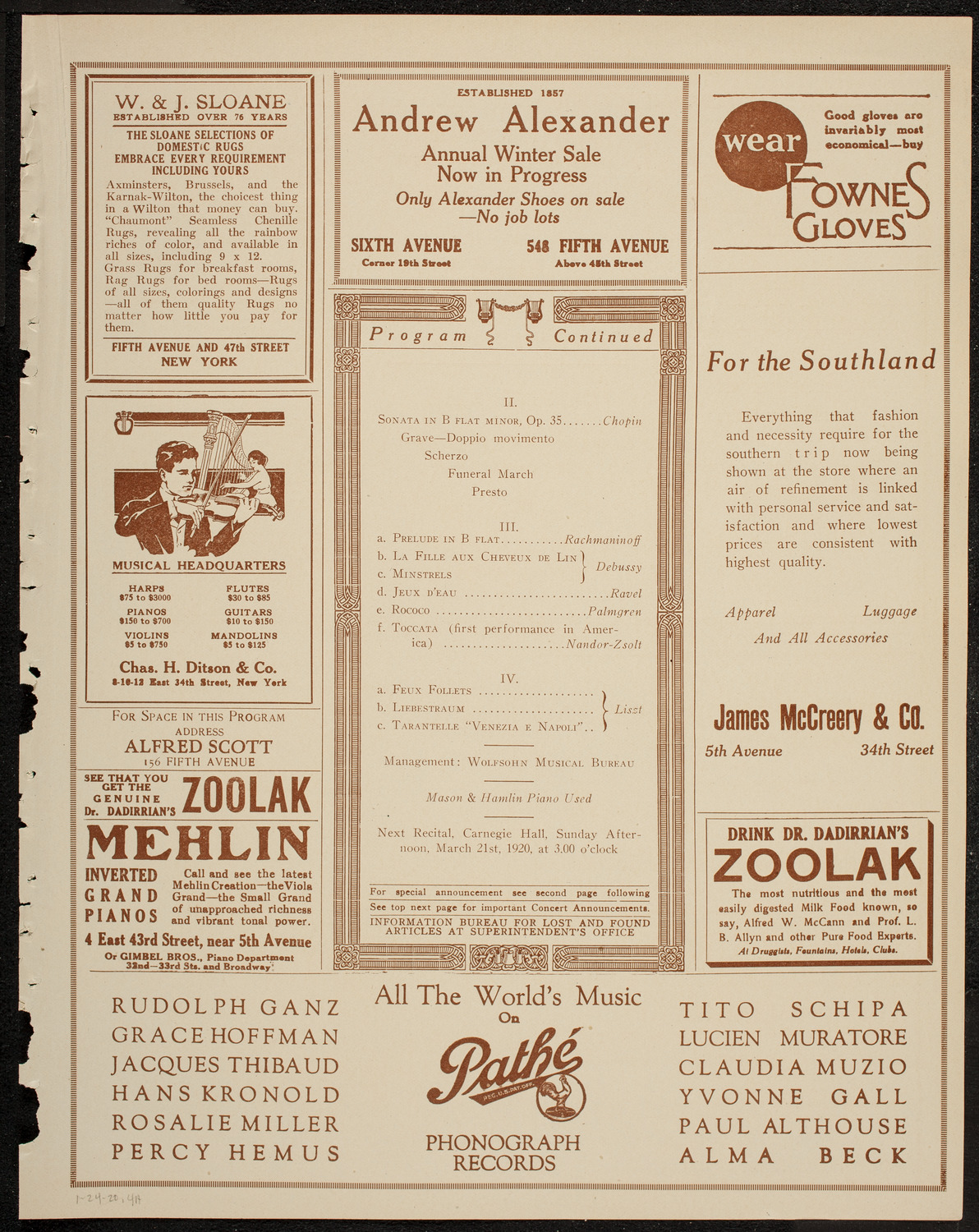 Benno Moiseiwitsch, Piano, January 24, 1920, program page 7