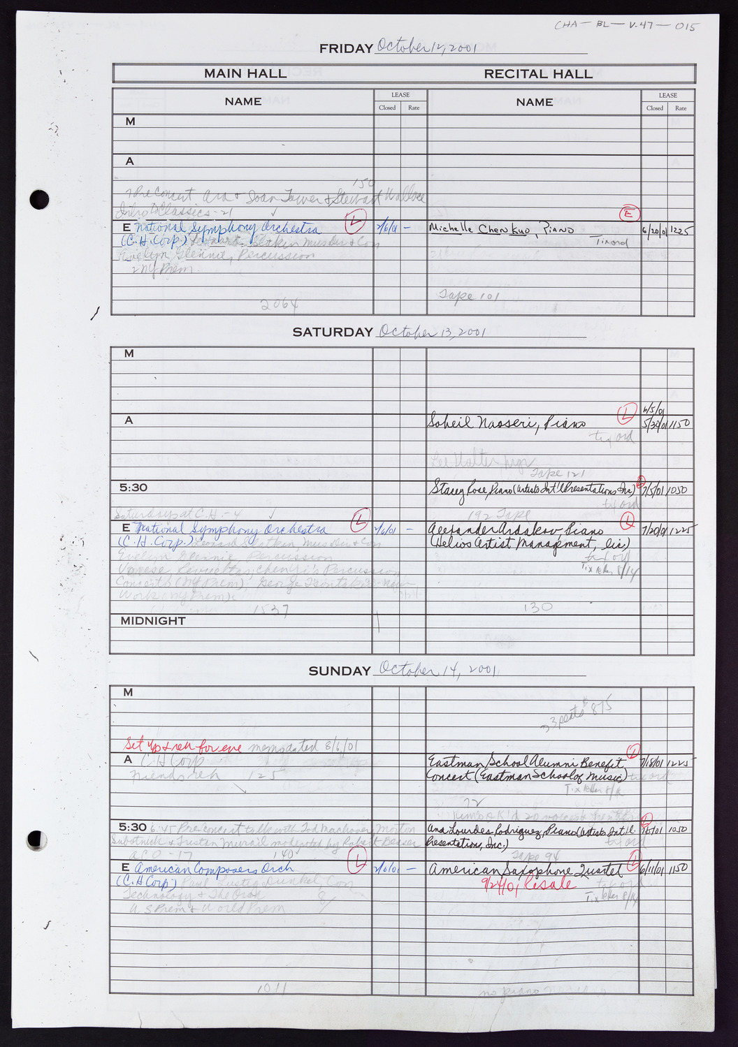 Carnegie Hall Booking Ledger, volume 47, page 15