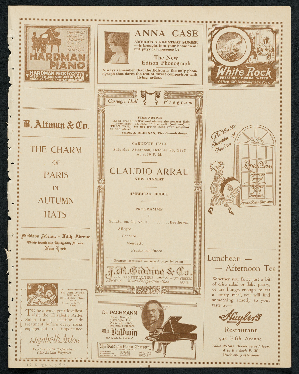 Claudio Arrau, Piano, October 20, 1923, program page 5