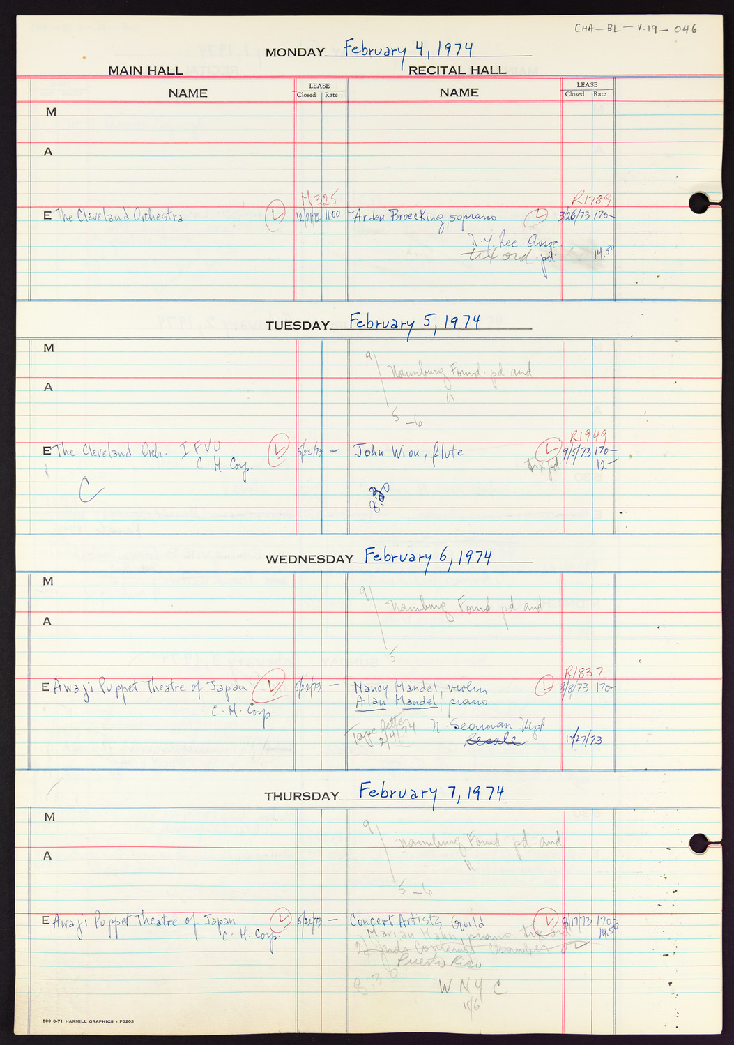 Carnegie Hall Booking Ledger, volume 19, page 46