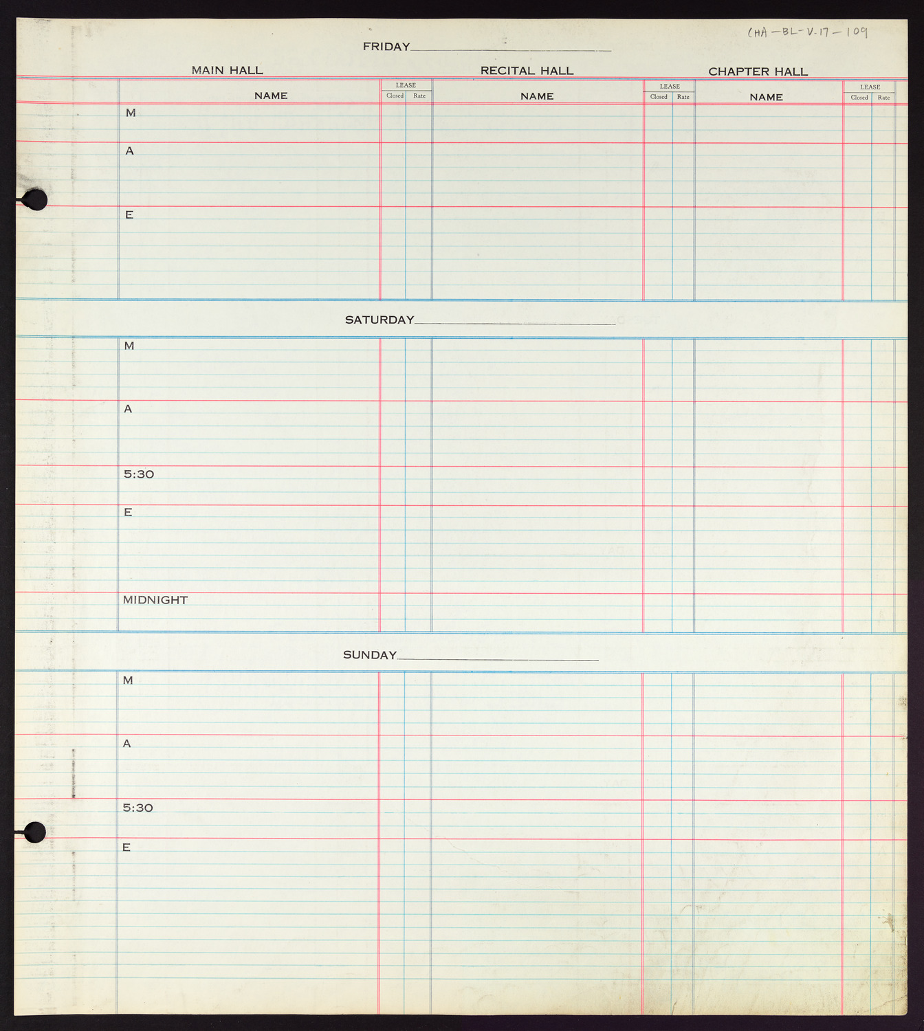 Carnegie Hall Booking Ledger, volume 17, page 109