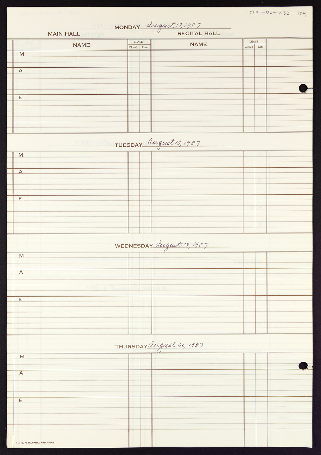 Carnegie Hall Booking Ledger, volume 32, page 104