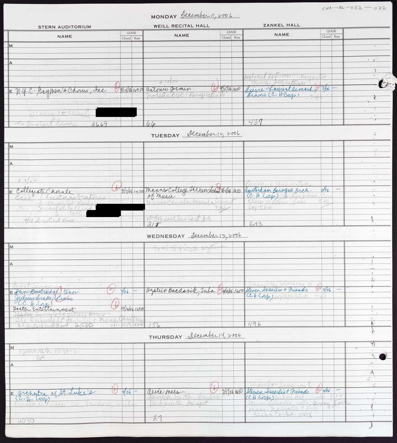 Carnegie Hall Booking Ledger, volume 52, page 32