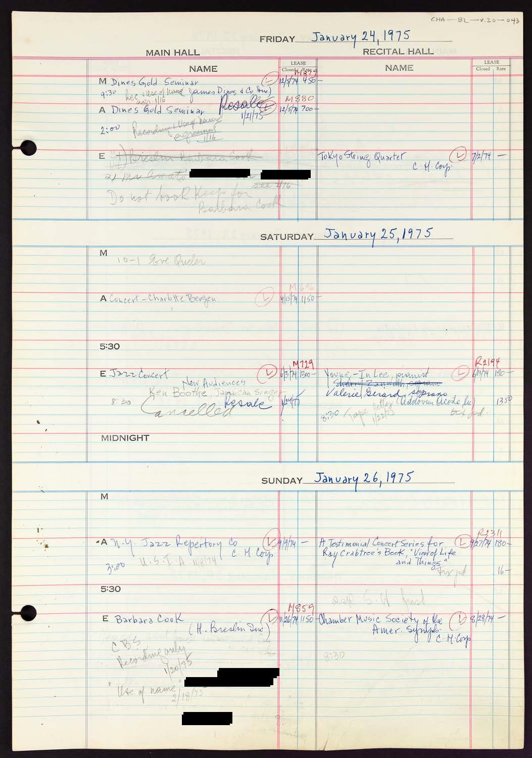 Carnegie Hall Booking Ledger, volume 20, page 43