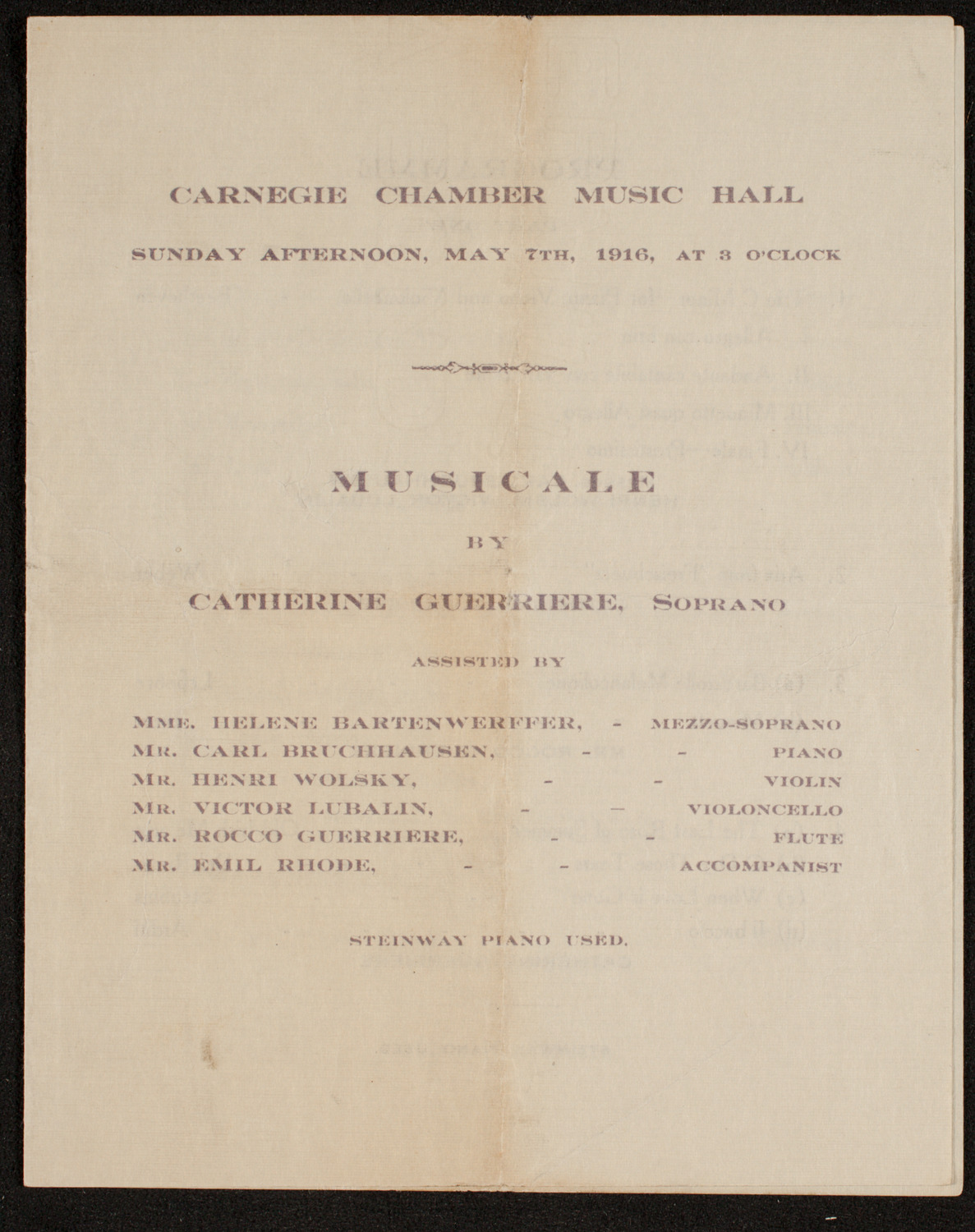 Musicale by Catherine Guerriere, May 7, 1916, program page 1