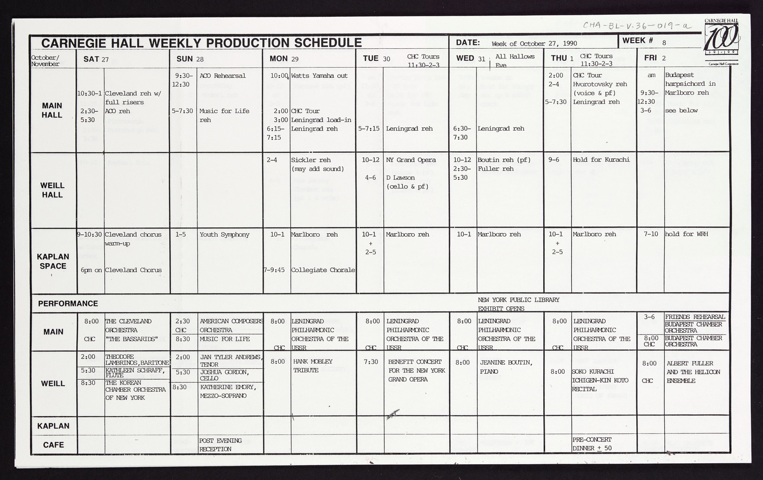 Carnegie Hall Booking Ledger, volume 36, page 19a