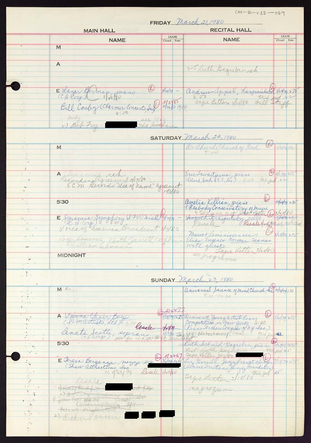 Carnegie Hall Booking Ledger, volume 25, page 59