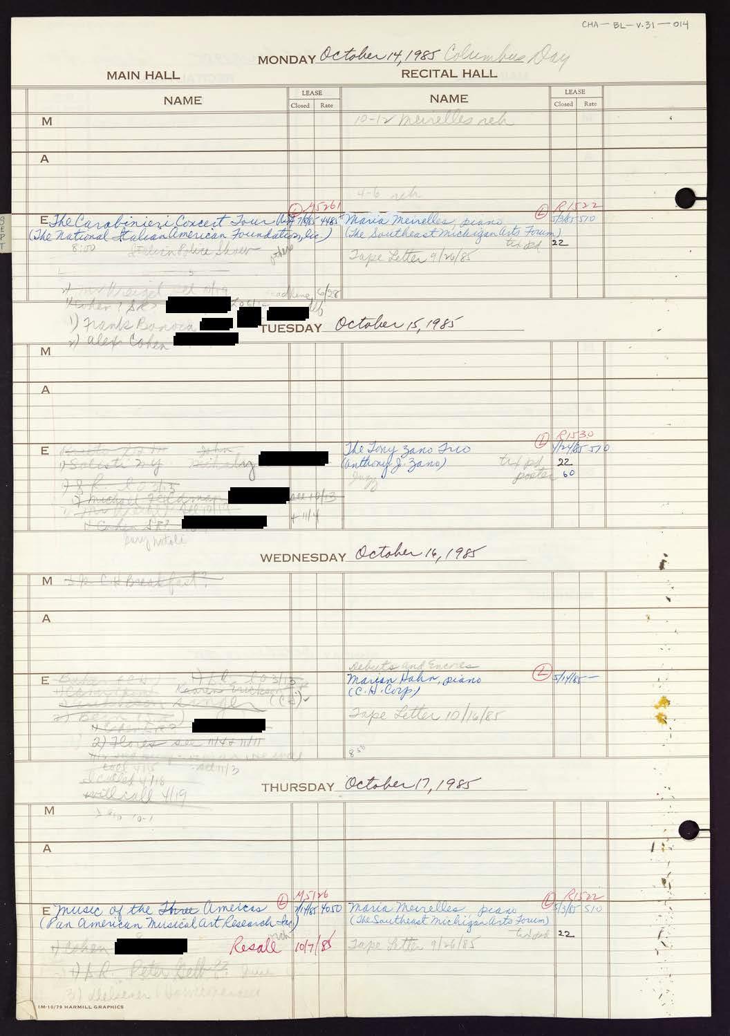 Carnegie Hall Booking Ledger, volume 31, page 14