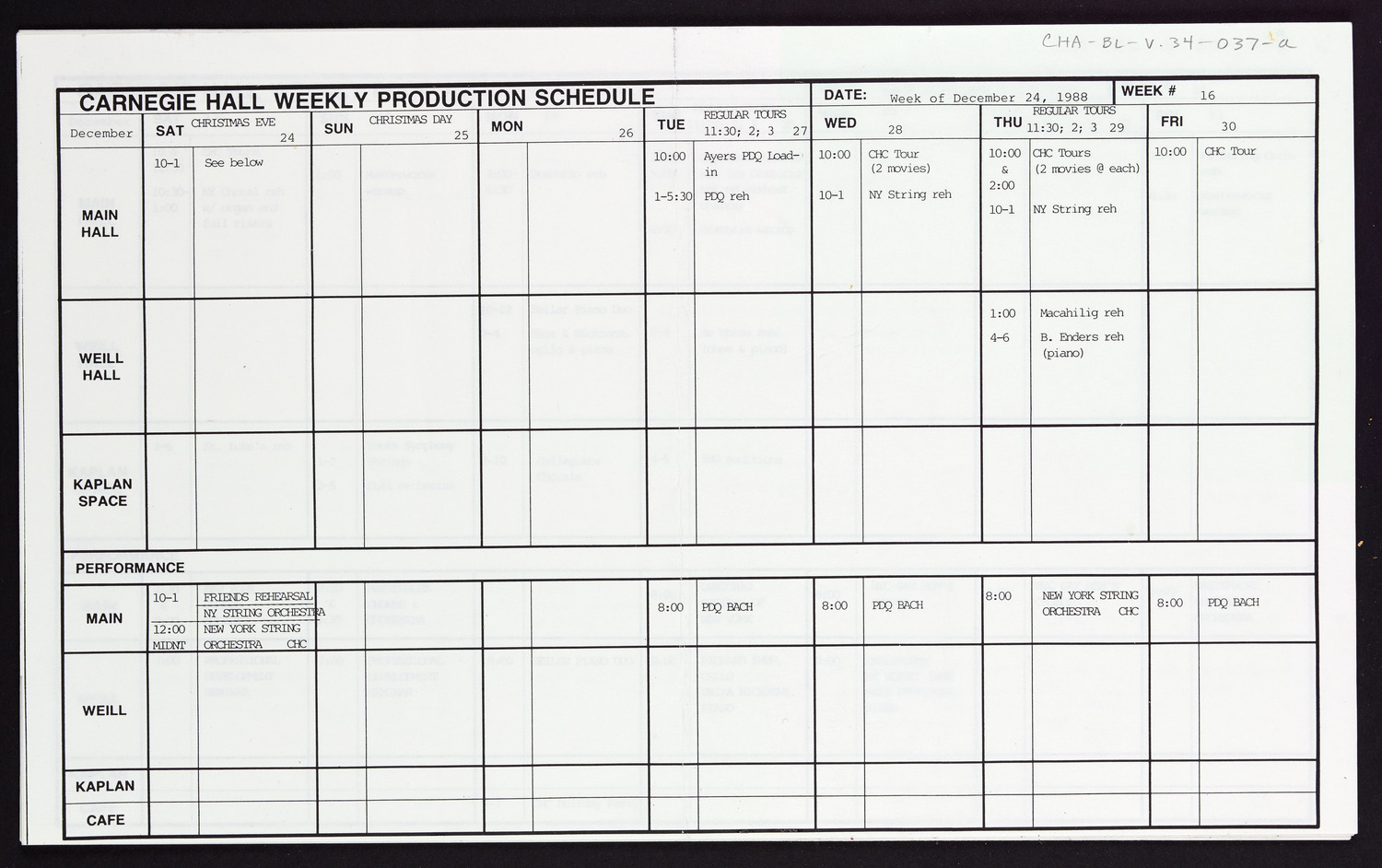 Carnegie Hall Booking Ledger, volume 34, page 37a