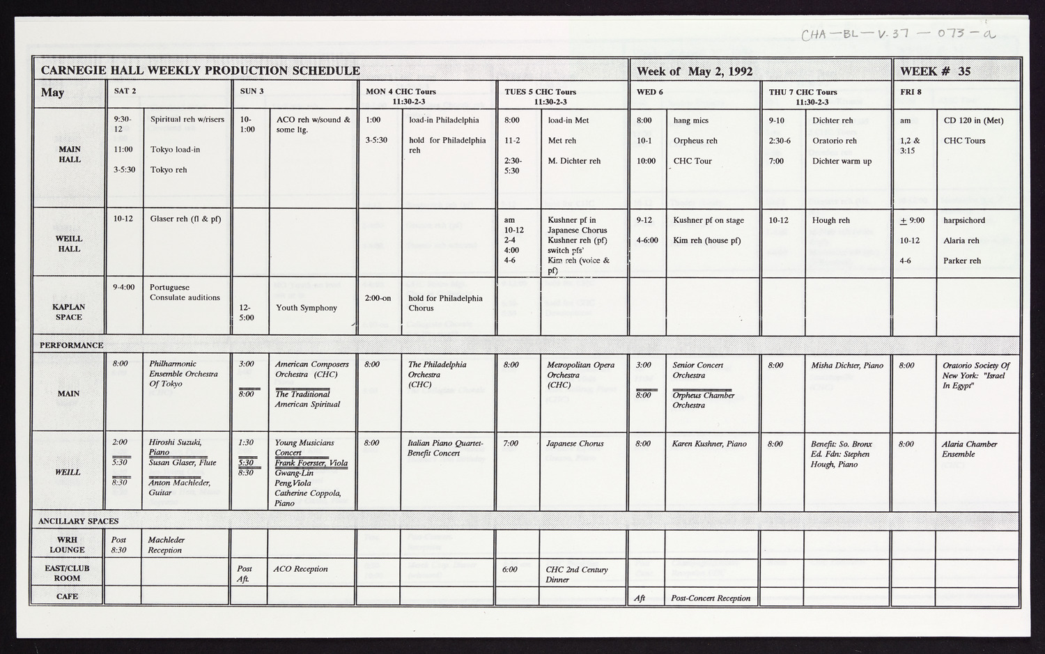 Carnegie Hall Booking Ledger, volume 37, page 73a