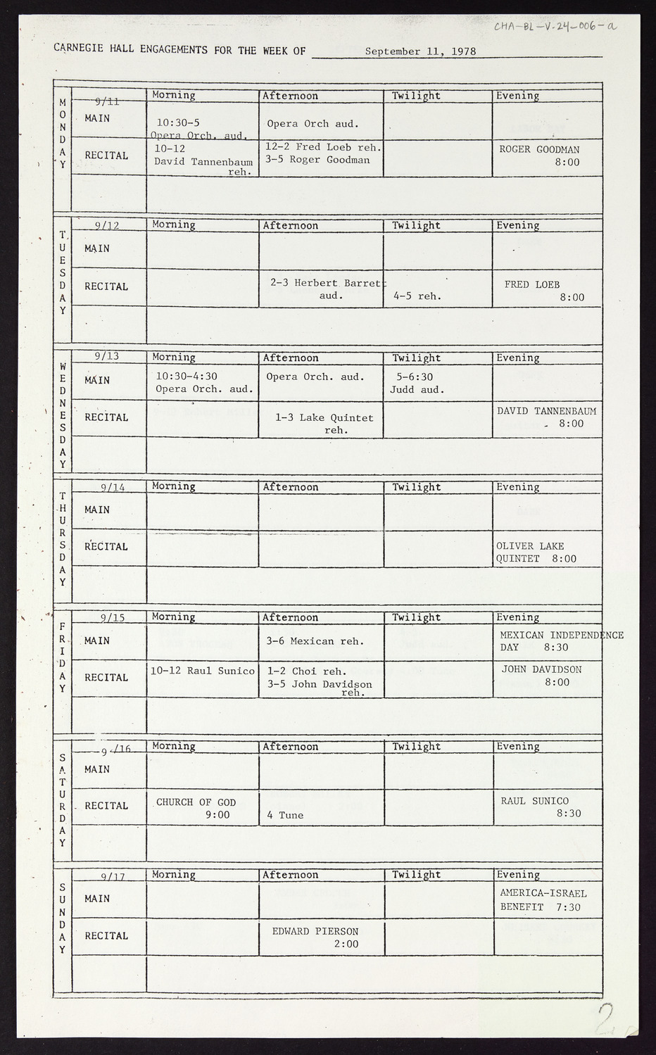 Carnegie Hall Booking Ledger, volume 24, page 6a