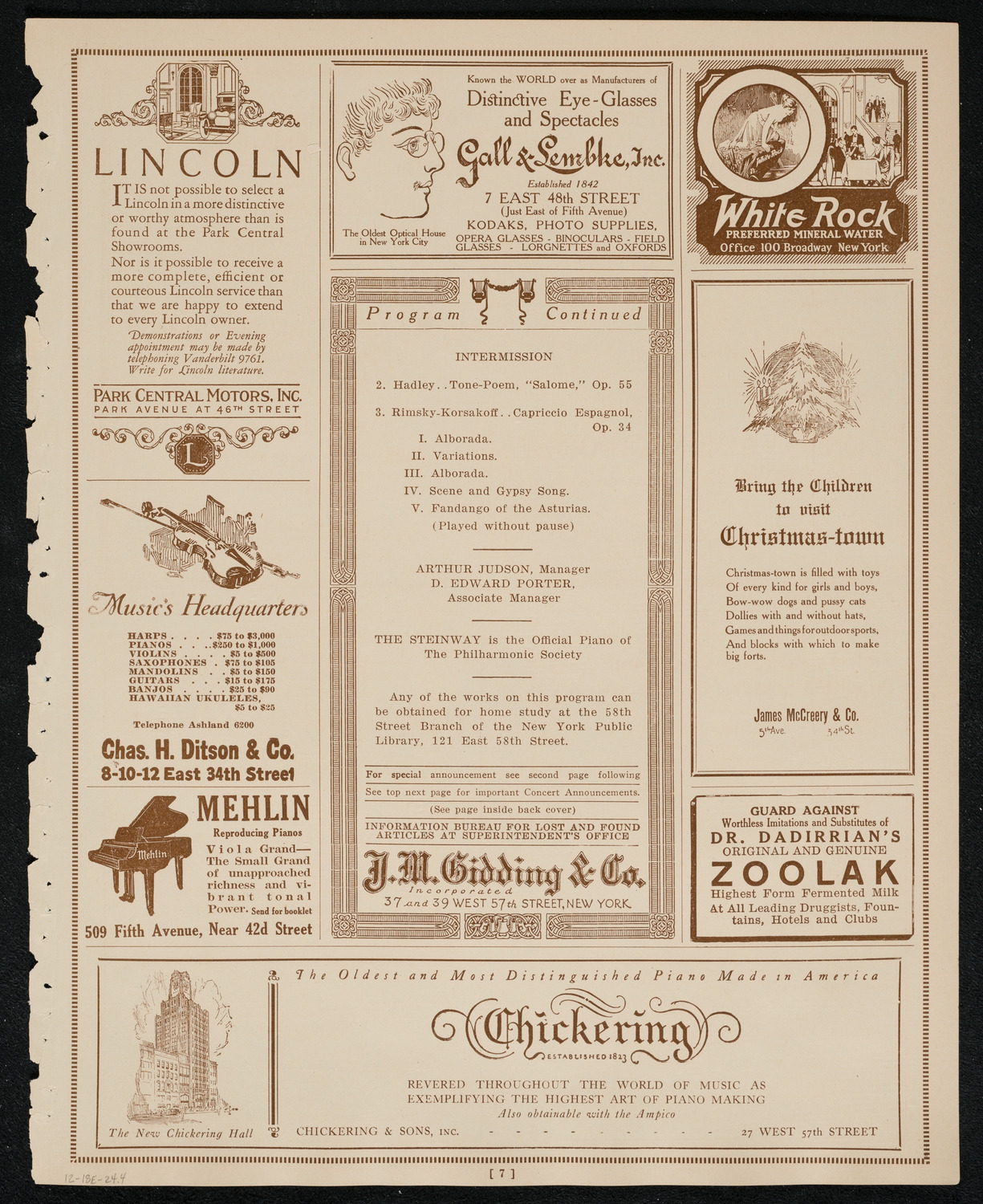 New York Philharmonic, December 18, 1924, program page 7