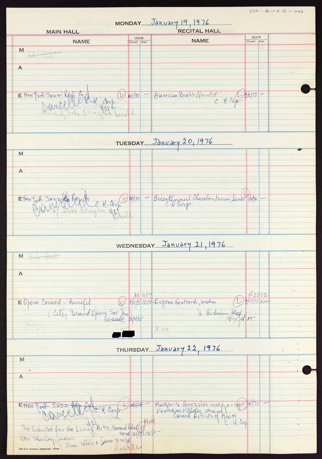 Carnegie Hall Booking Ledger, volume 21, page 42